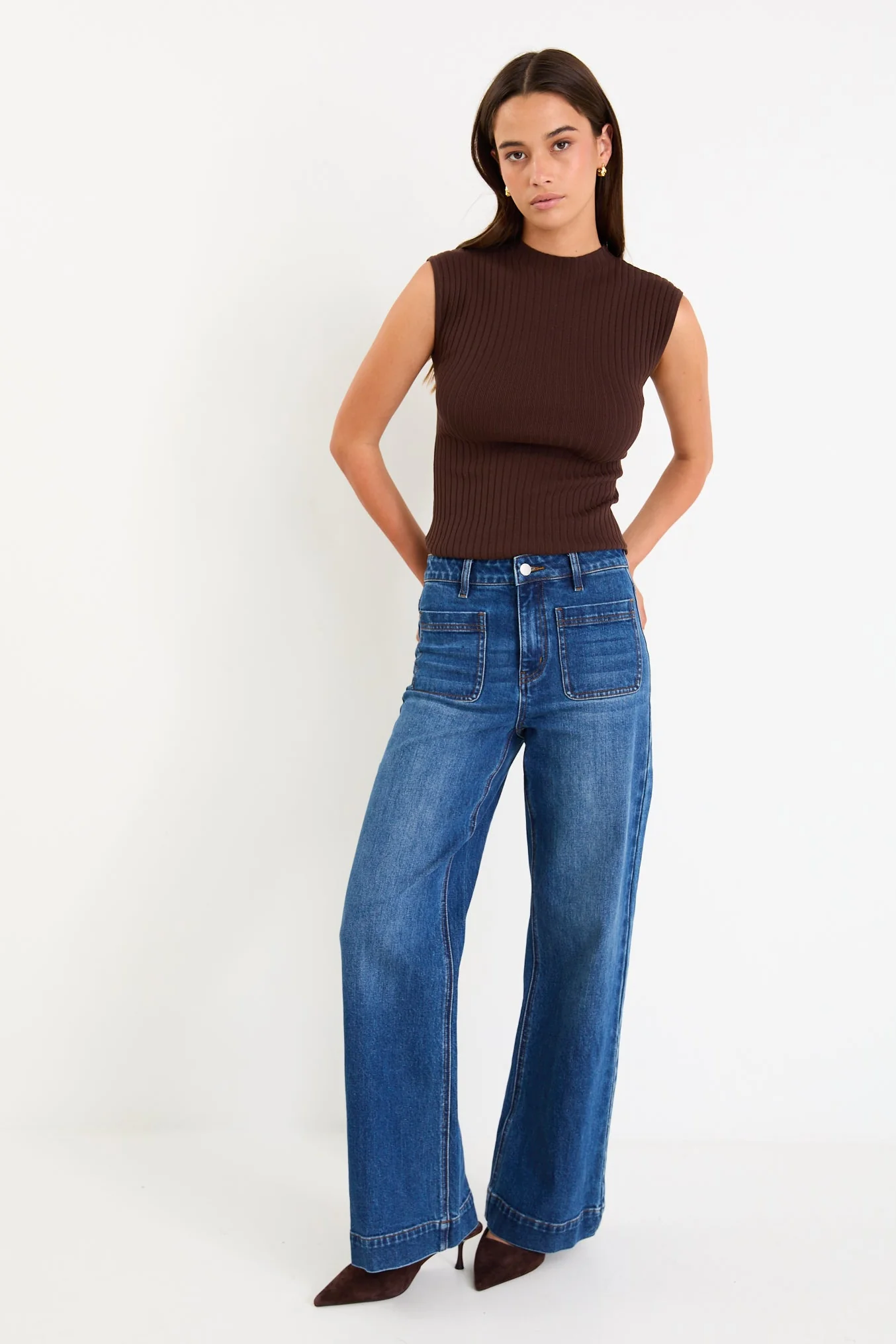 Heroic Chocolate Sleeveless Funnel Neck Rib Knit Top - Image 2
