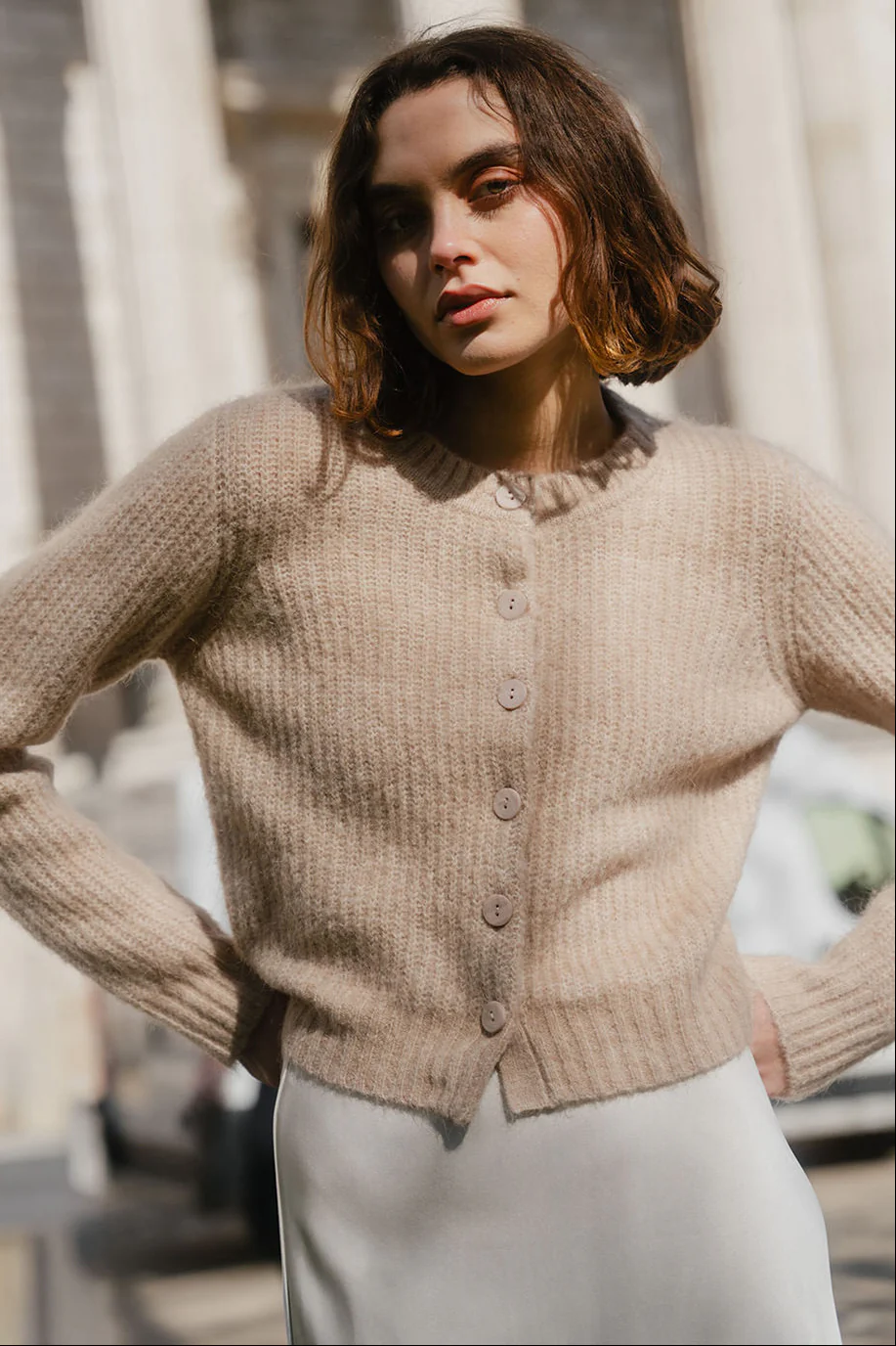 Highlight Biscuit Mohair Blend Crewneck Cardigan