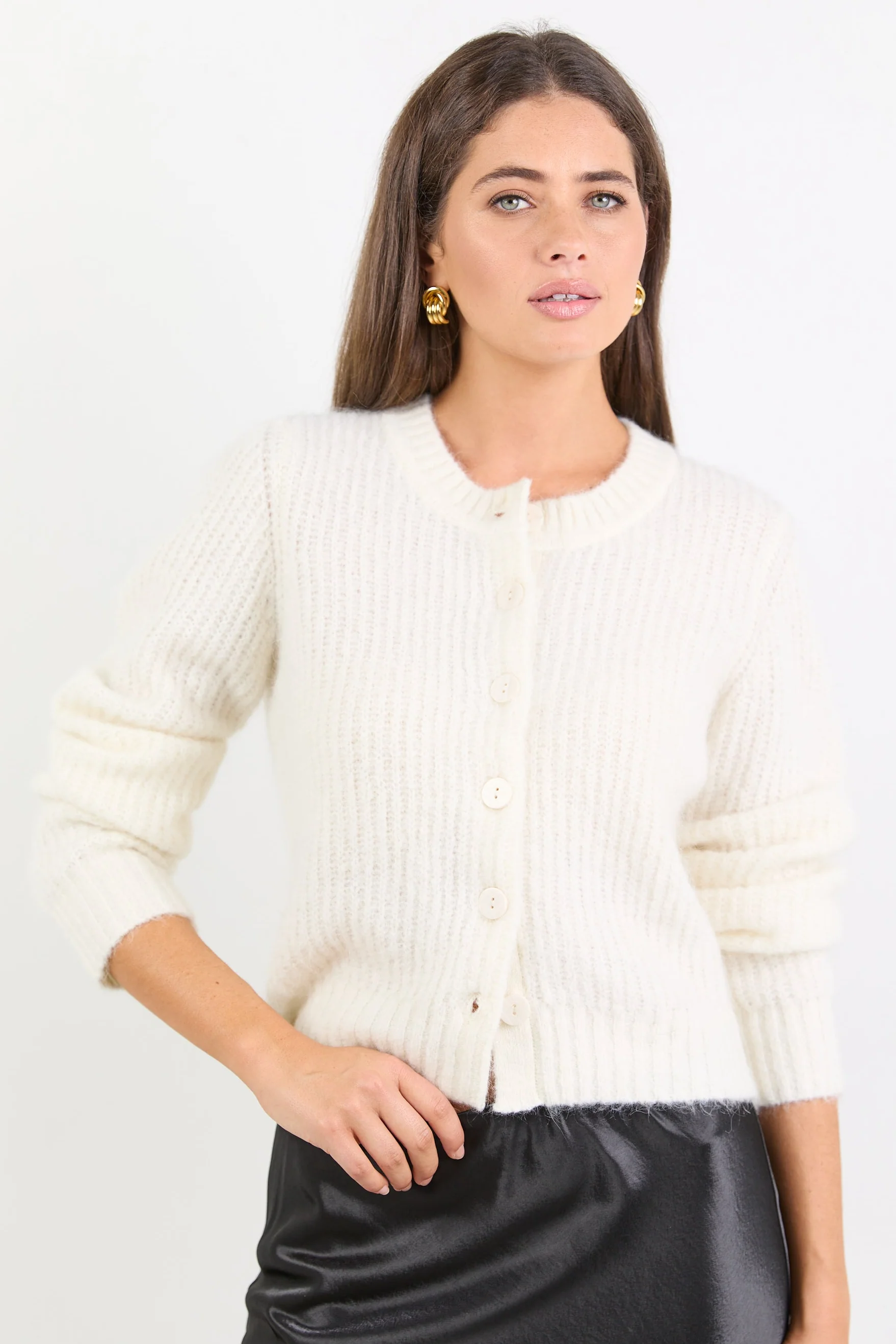 Highlight Ivory Mohair Blend Crewneck Cardigan - Image 2