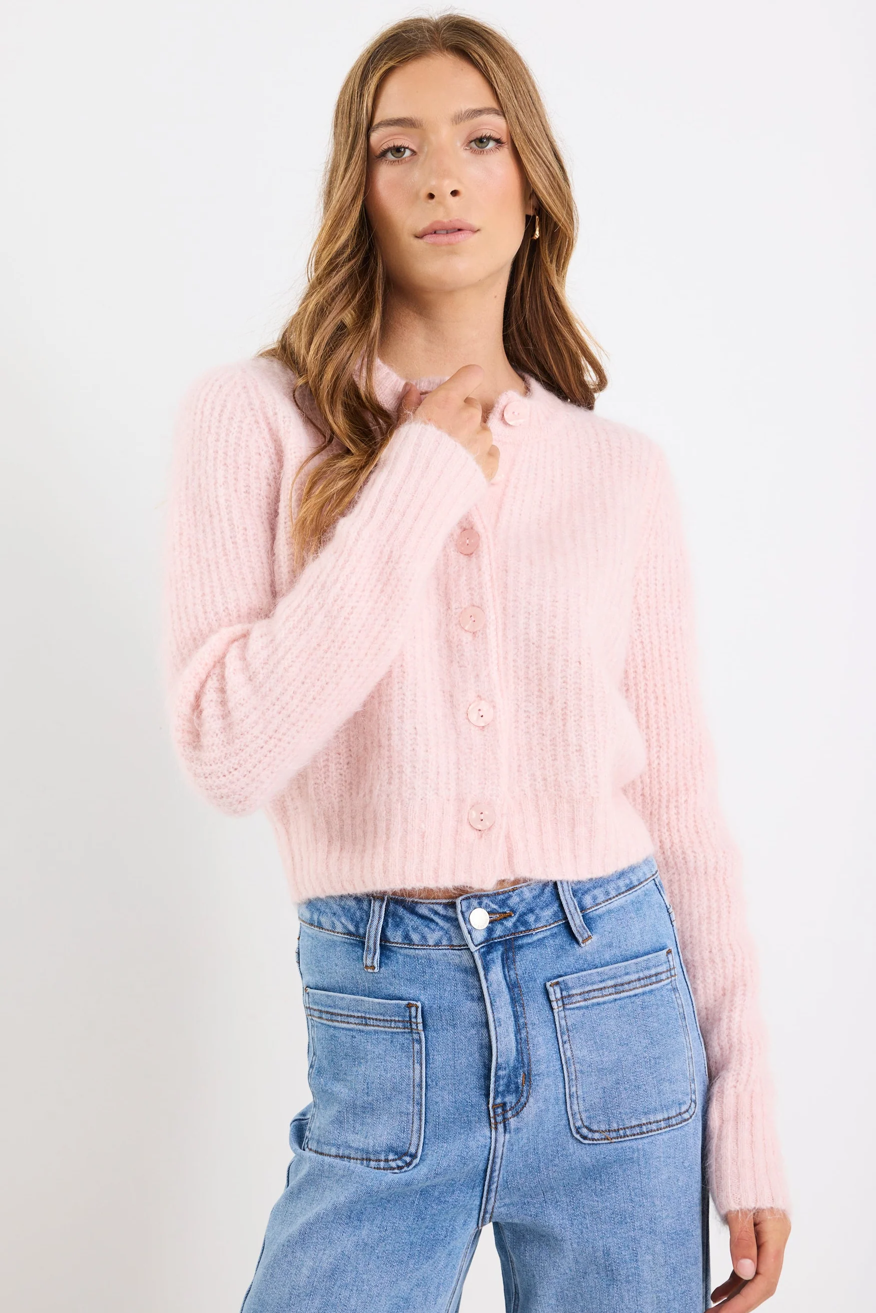 Highlight Blush Mohair Blend Crewneck Cardigan - Image 3