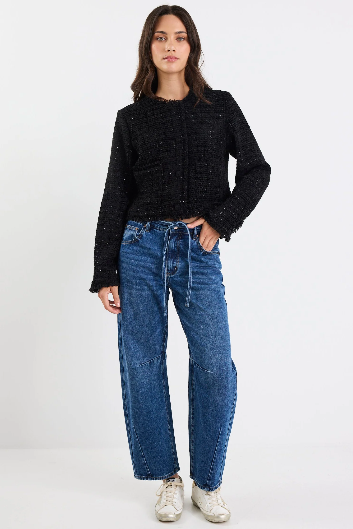 Honoured Black Texture Tweed Buttoned Jacket - Image 3