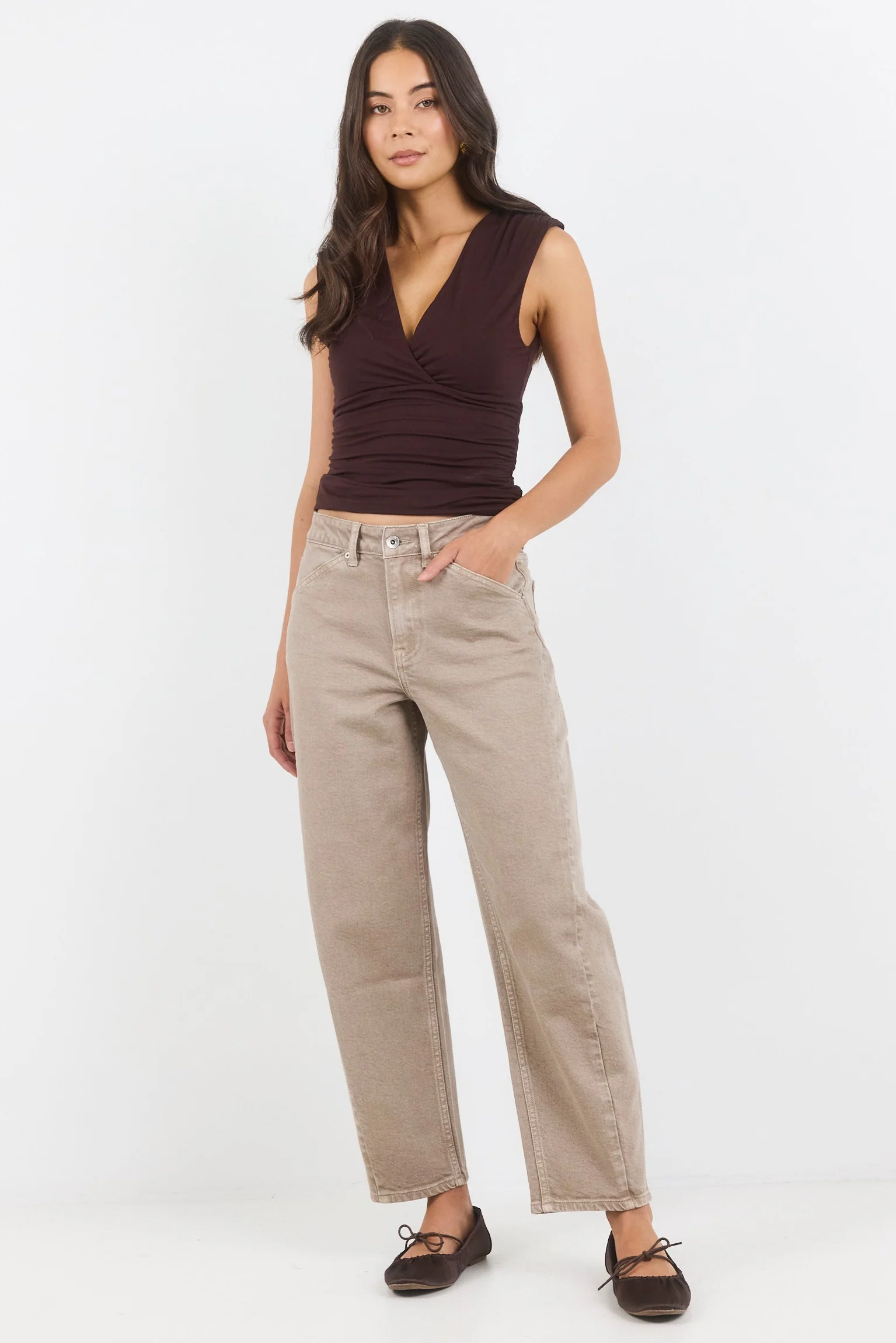 Idolise Taupe Stretch Soft Barrel Jean - Image 2
