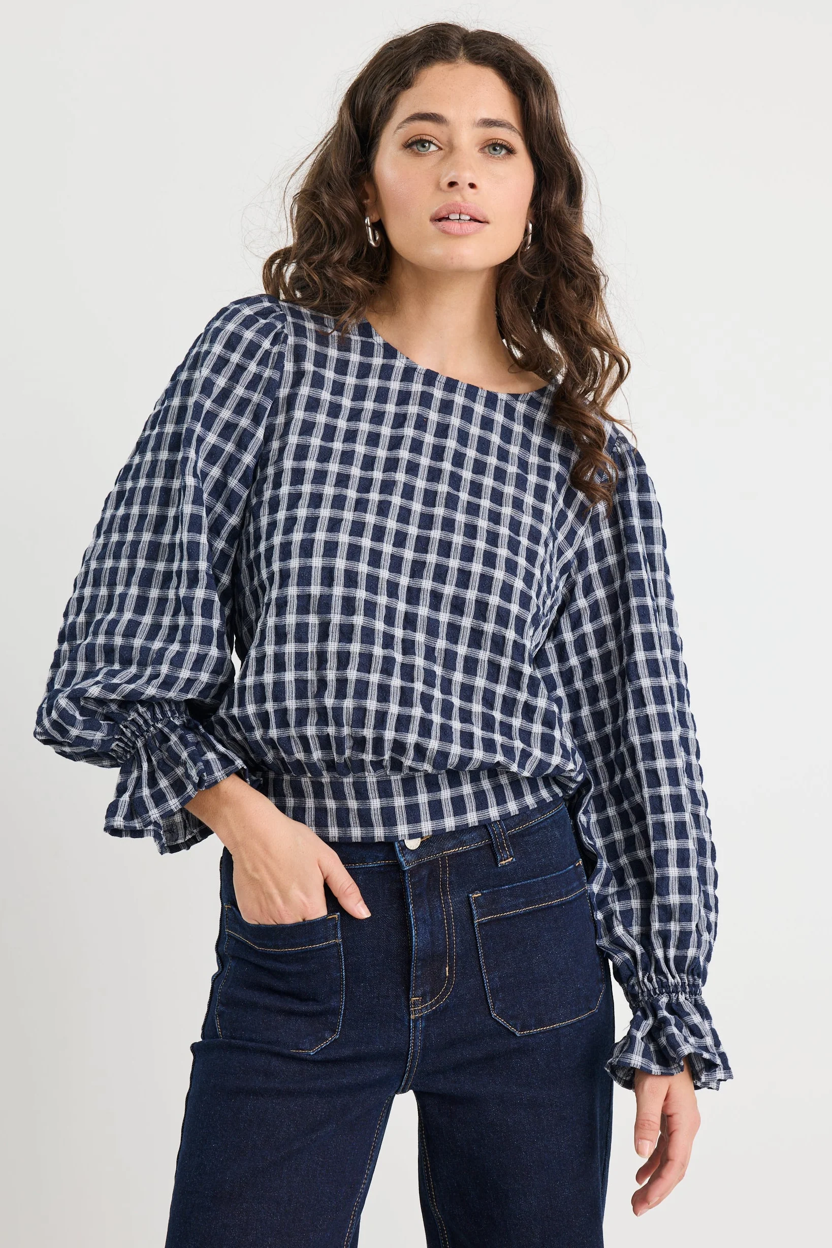 Imagine Ink Check Shirred Back Panel LS Top