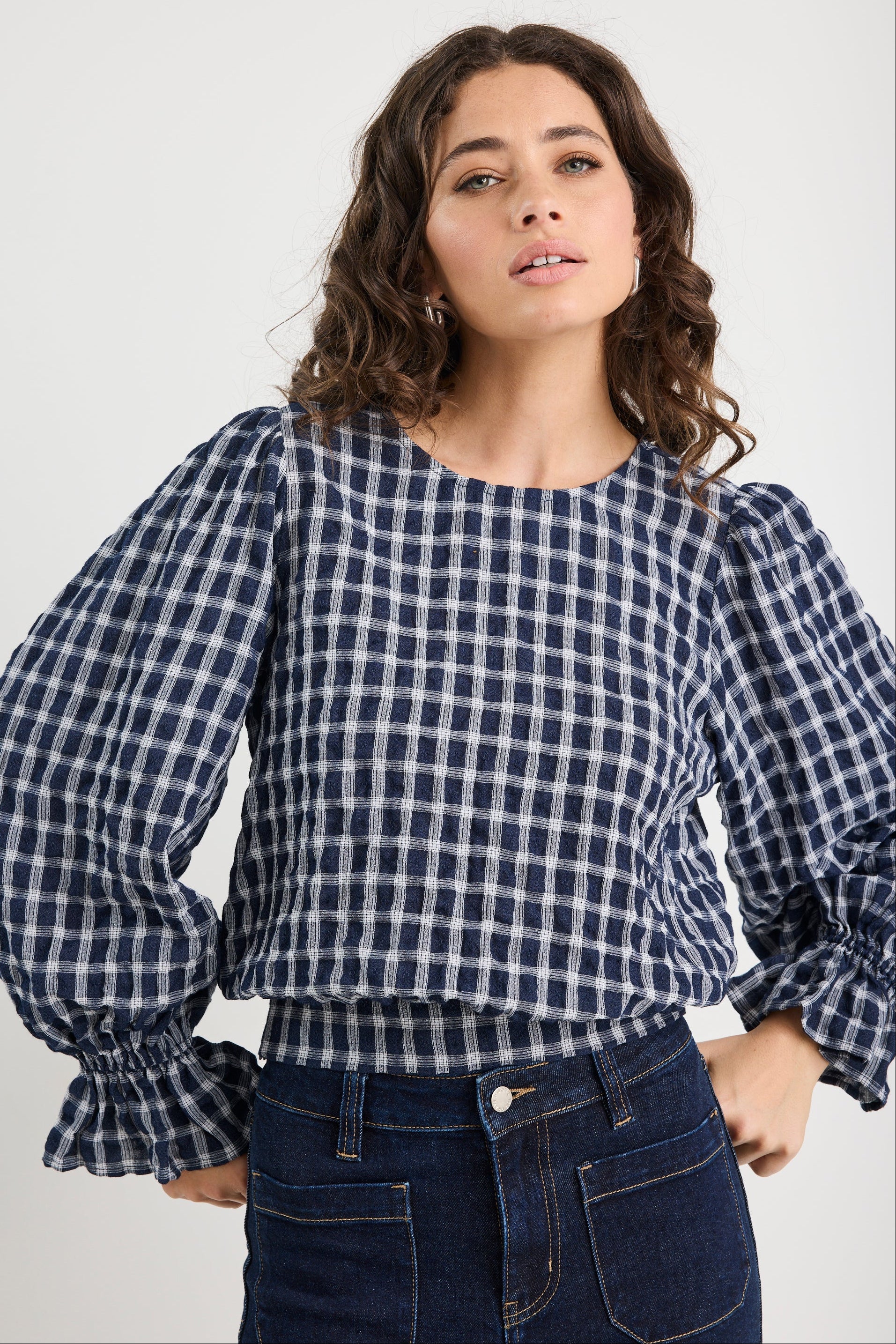 Imagine Ink Check Shirred Back Panel LS Top - Image 3