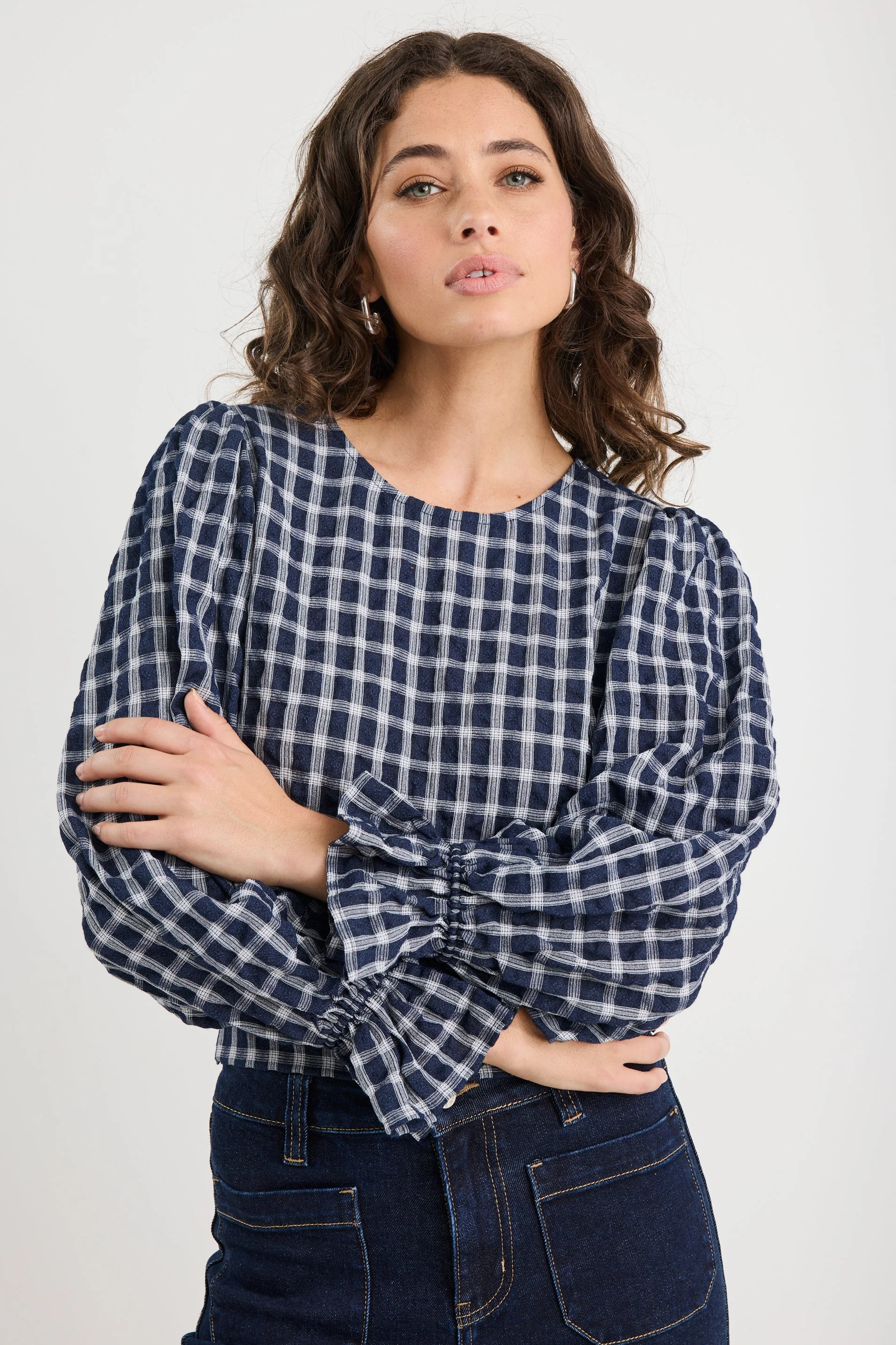 Imagine Ink Check Shirred Back Panel LS Top - Image 4