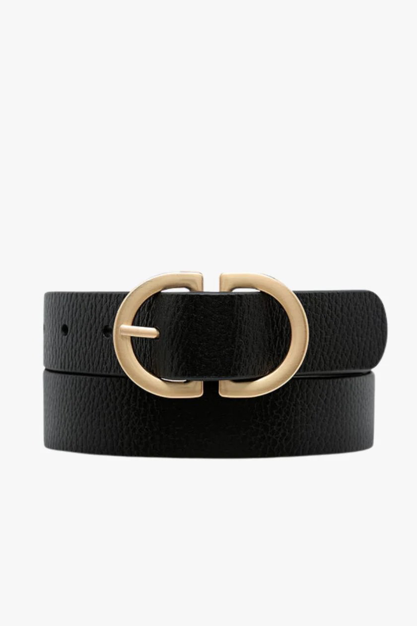 In Reverse Gold Double Buckle Black Leather Belt - Image 2