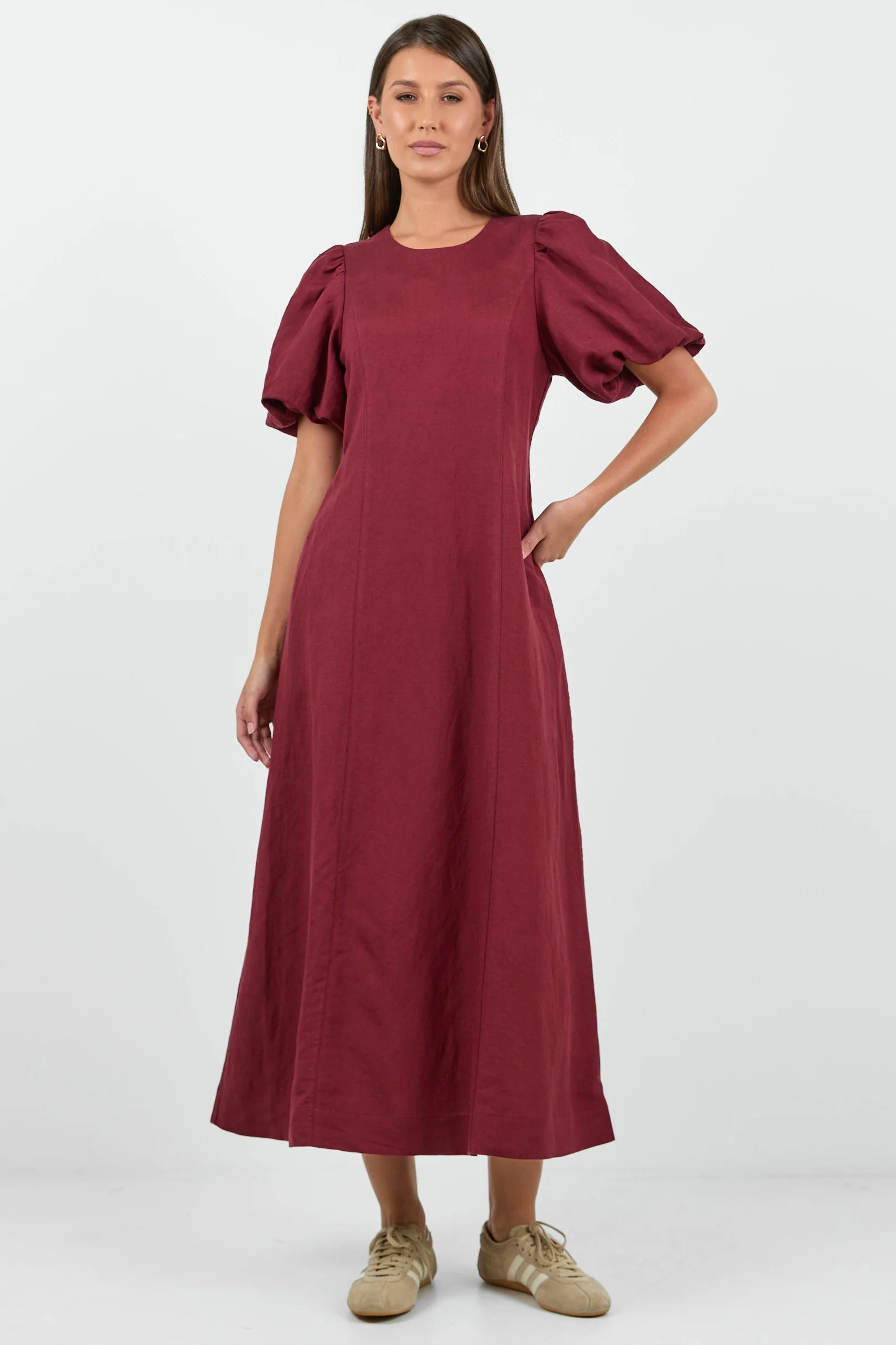 Indulgent Burgundy Puff Sleeve Relaxed Maxi Dress