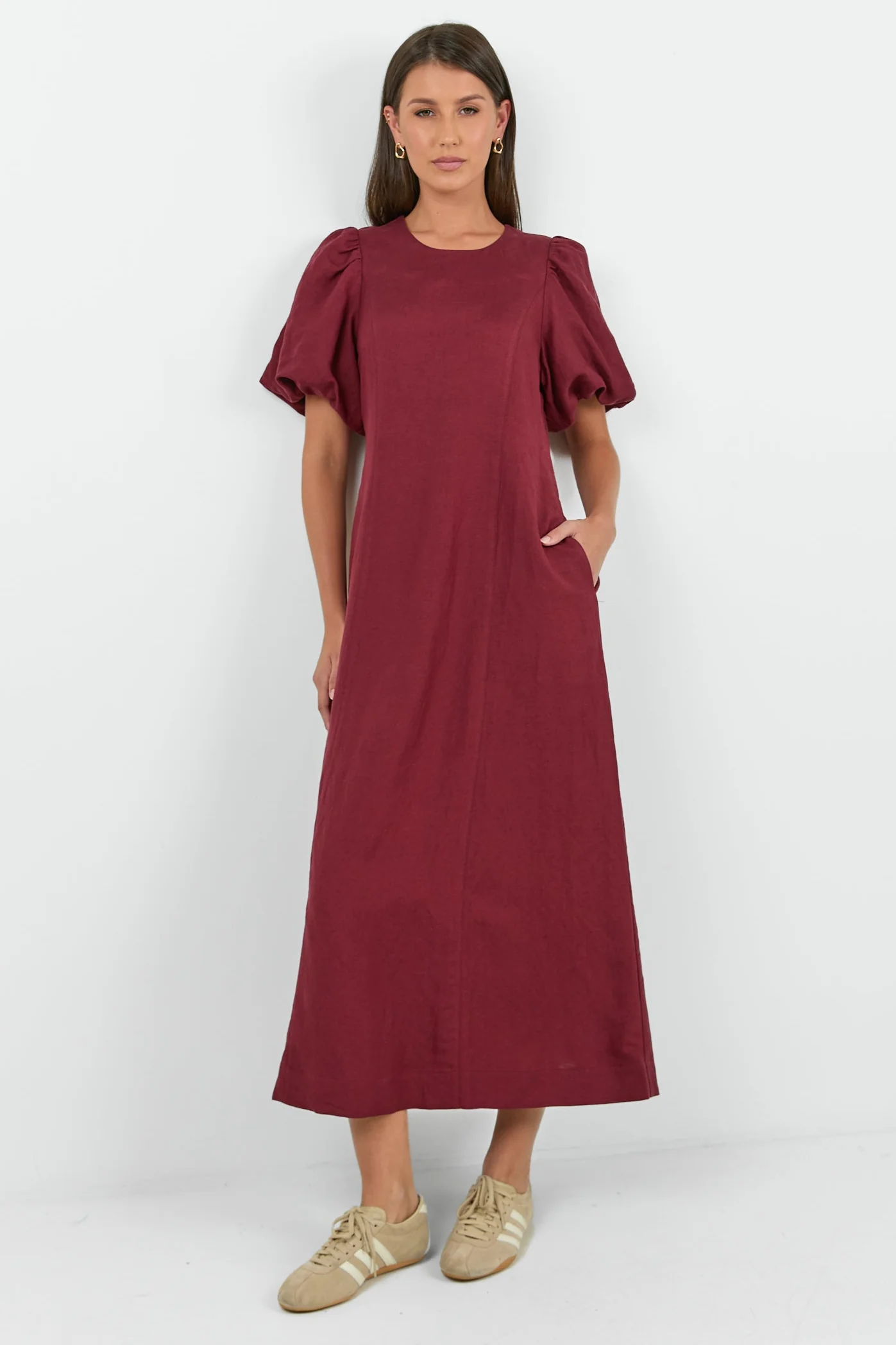 Indulgent Burgundy Puff Sleeve Relaxed Maxi Dress - Image 2