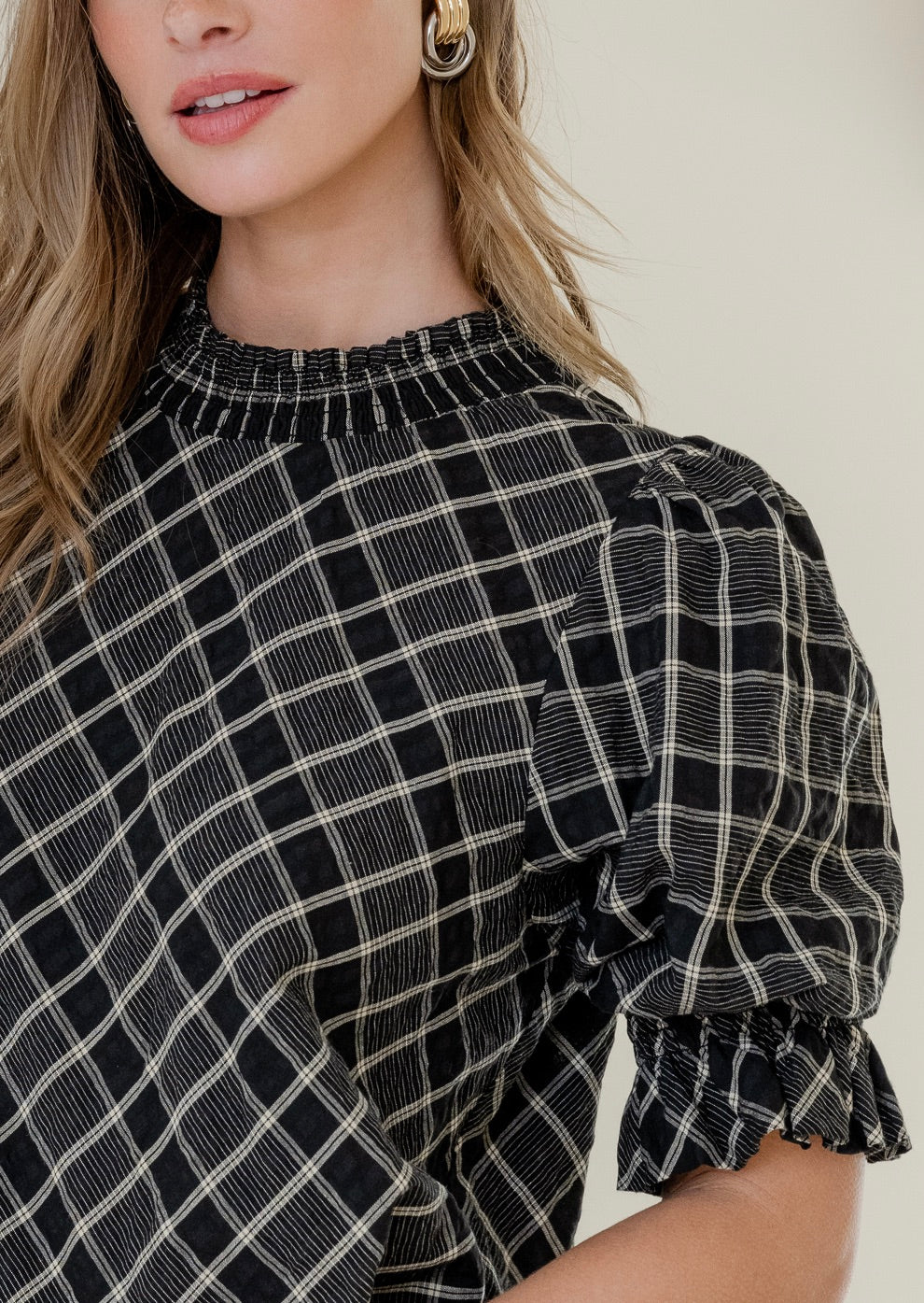 Influential Black Check High Neck SS Top - Image 2