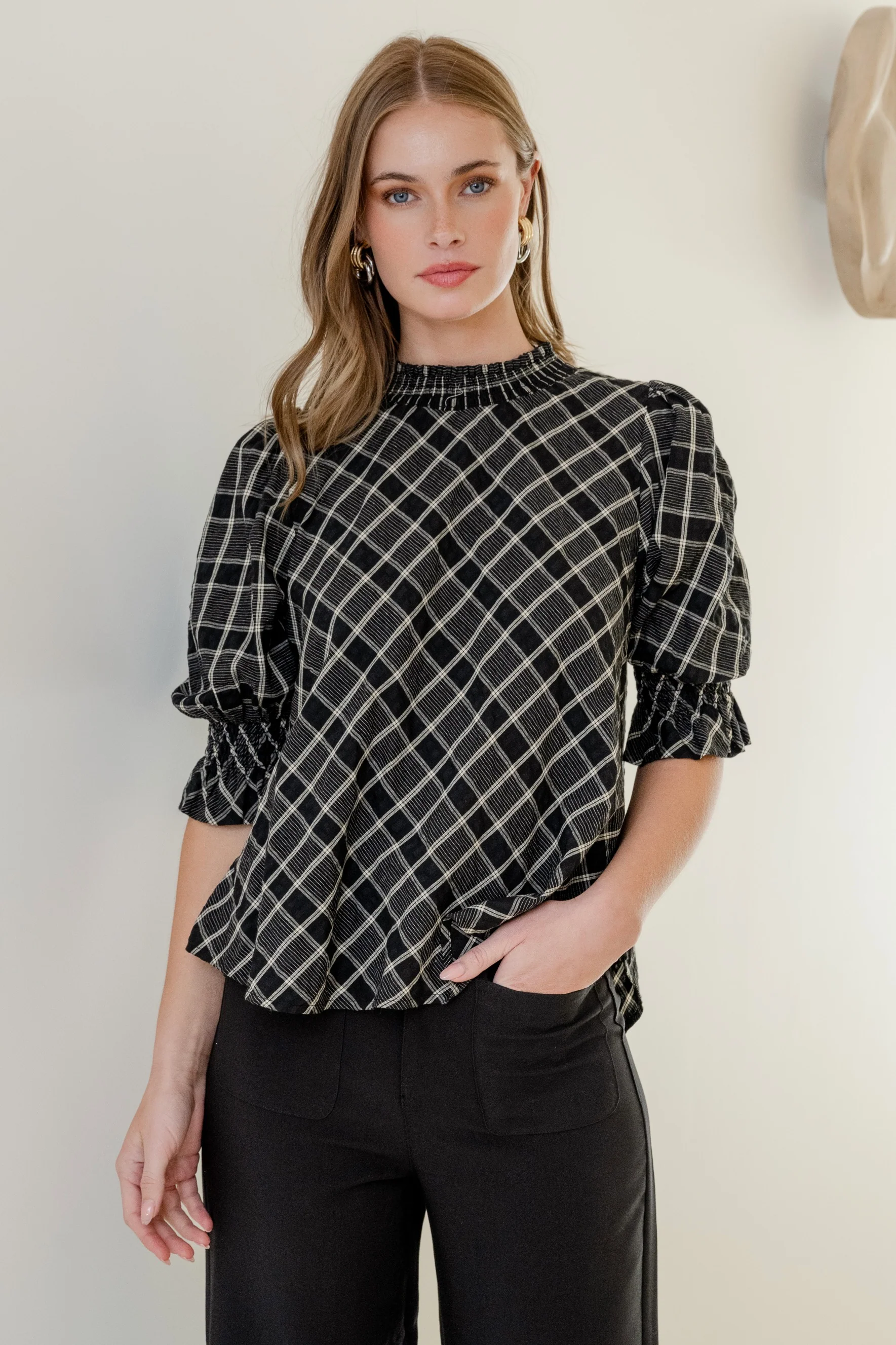 Influential Black Check High Neck SS Top - Image 4
