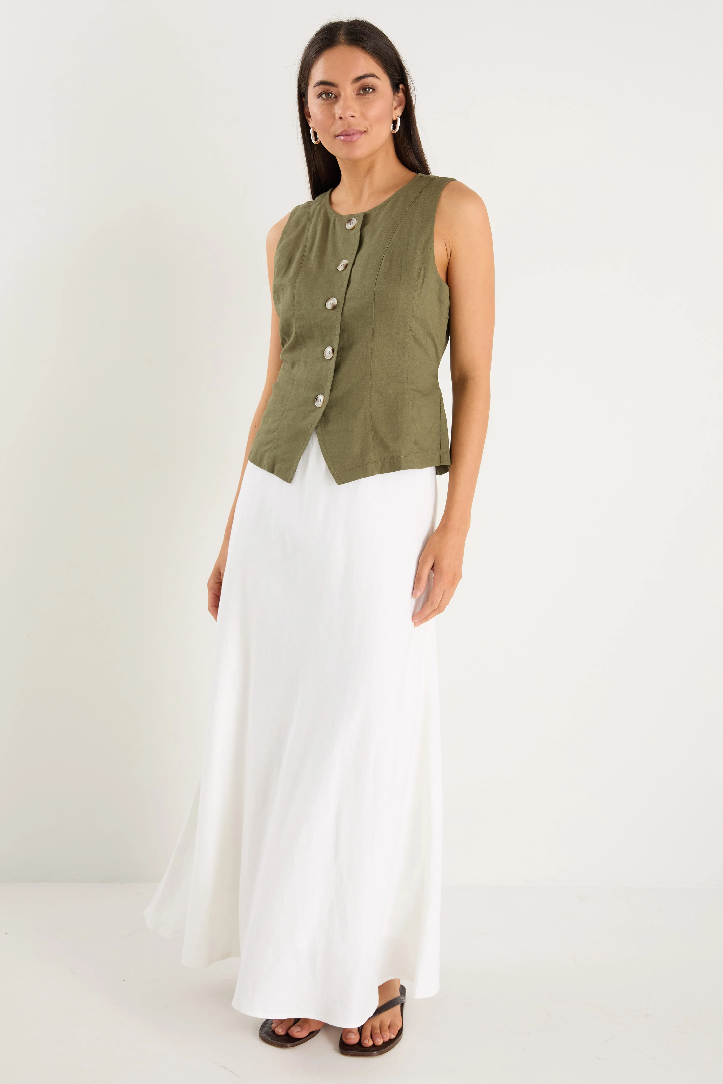 Influx Khaki Linen Blend Fitted Panelled Vest - Image 2