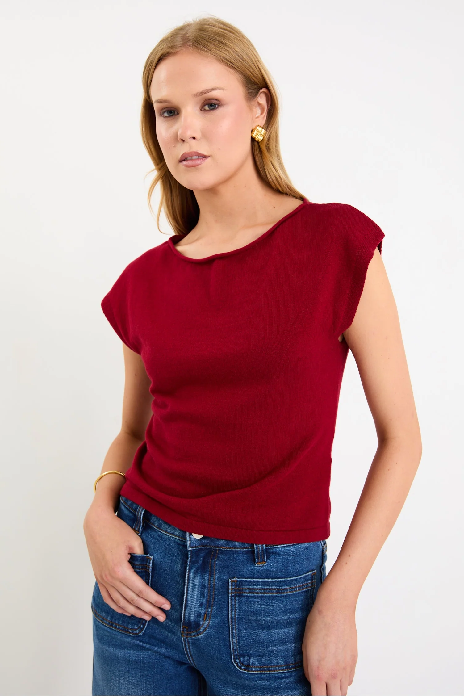 Innovate Cherry Red Cotton Cashmere Boatneck Sleeveless Knit Top
