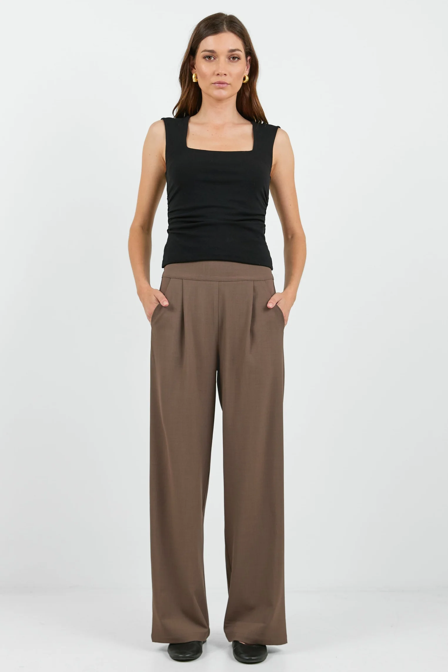 Instinctive Chocolate Twill Wide Leg Elastic Back Pants