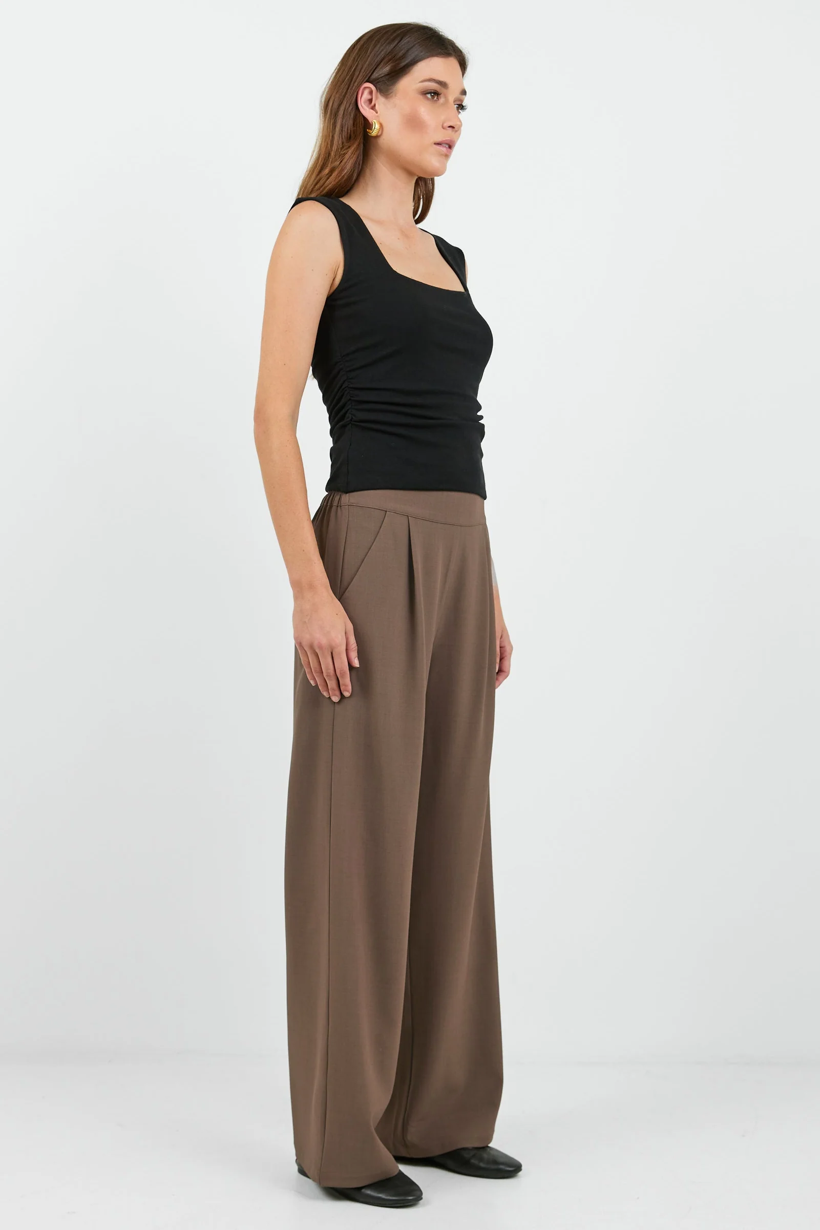 Instinctive Chocolate Twill Wide Leg Elastic Back Pants - Image 3