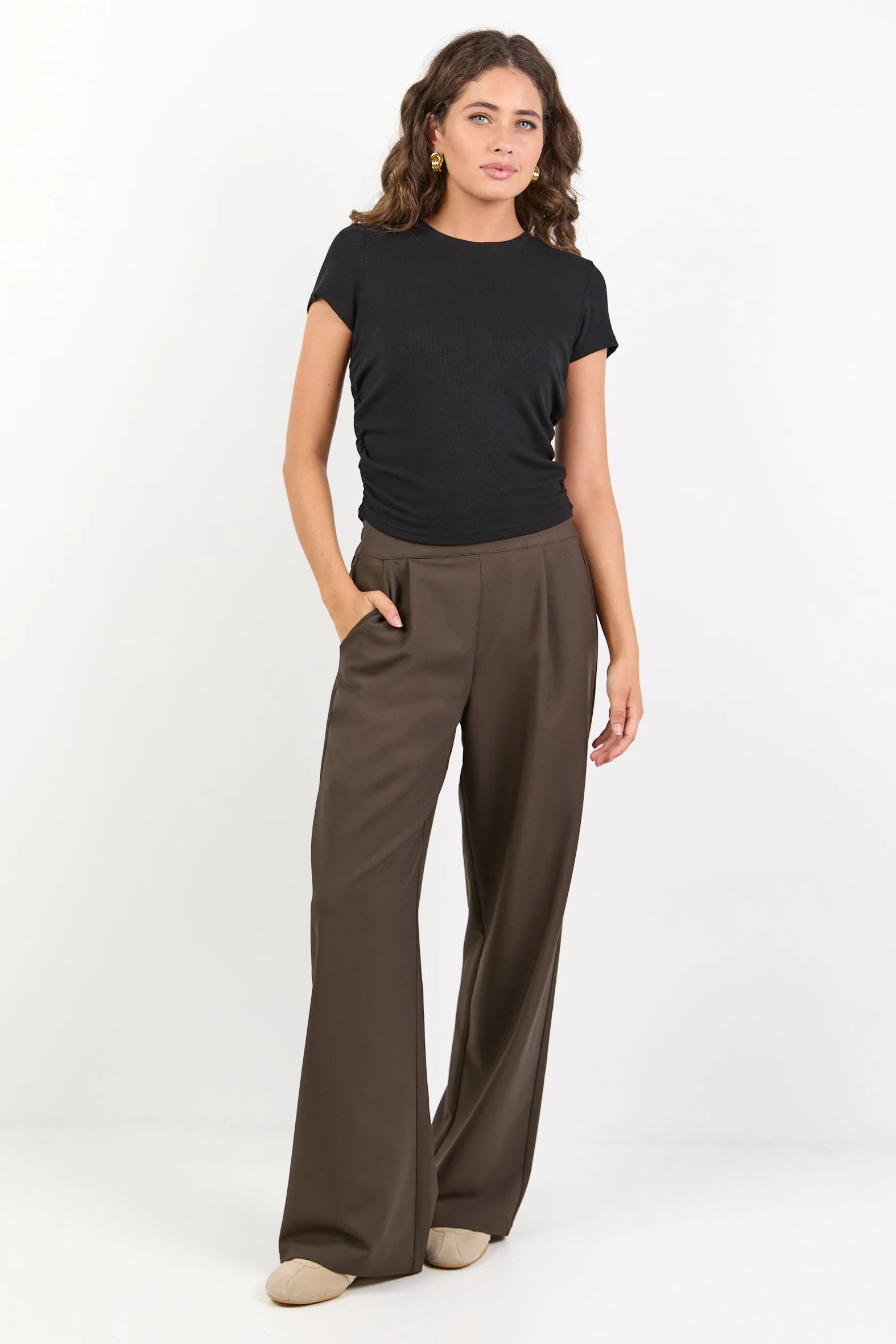 Instinctive Dark Chocolate Wide Leg Elastic Back Pants - Image 3
