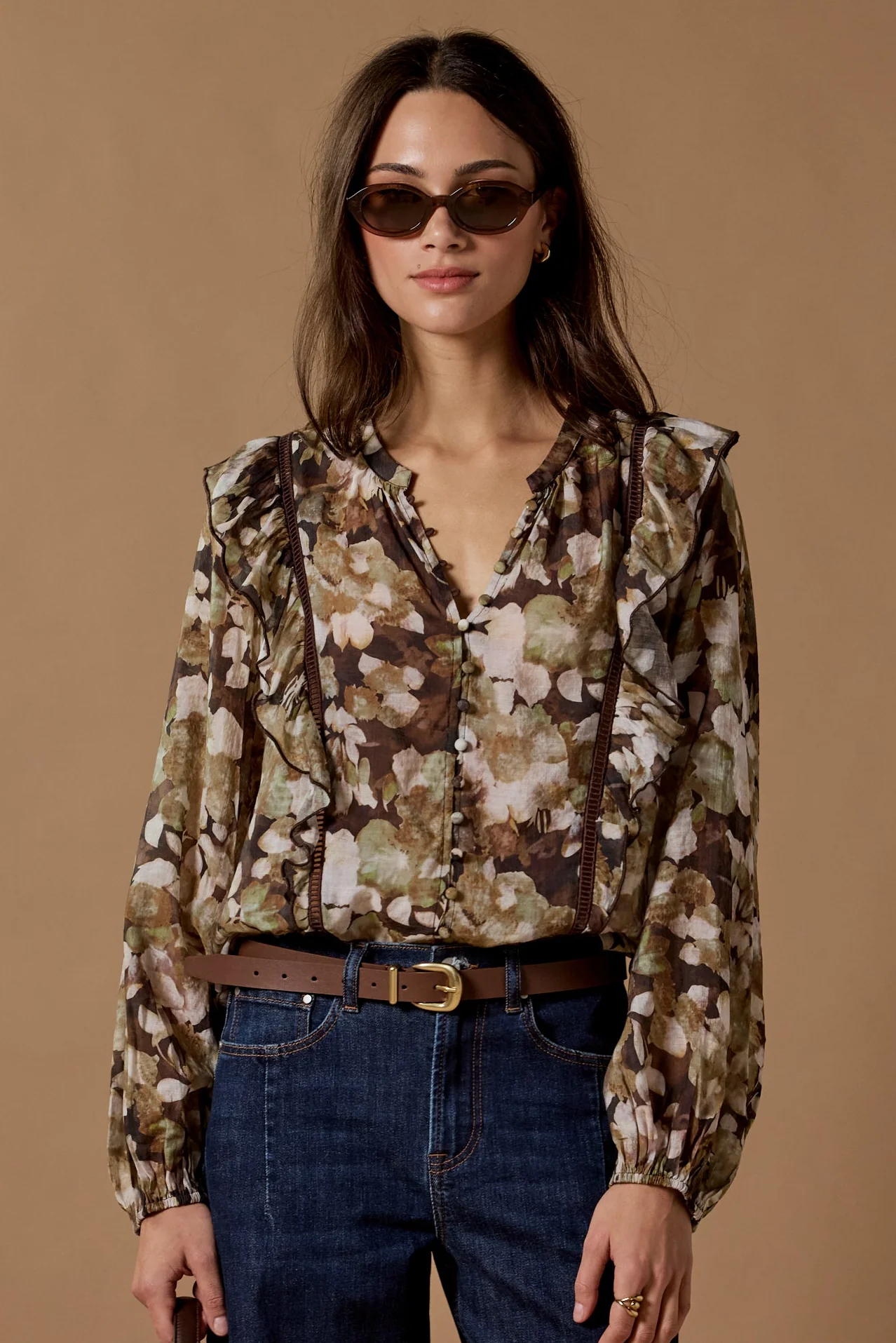 Integrity Brown Beige Floral Frill Detail Long Sleeve Top - Image 2