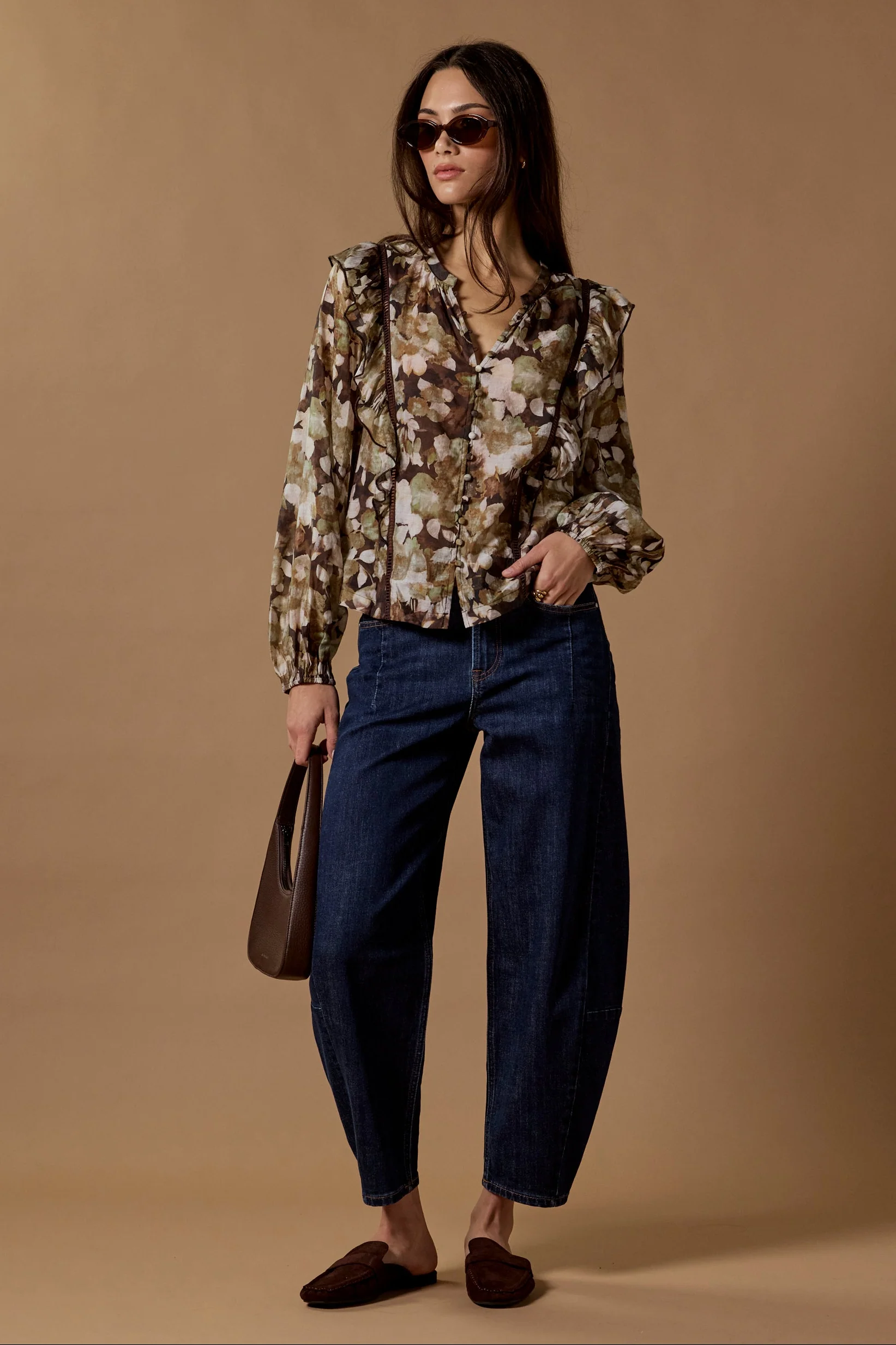 Integrity Brown Beige Floral Frill Detail Long Sleeve Top - Image 3