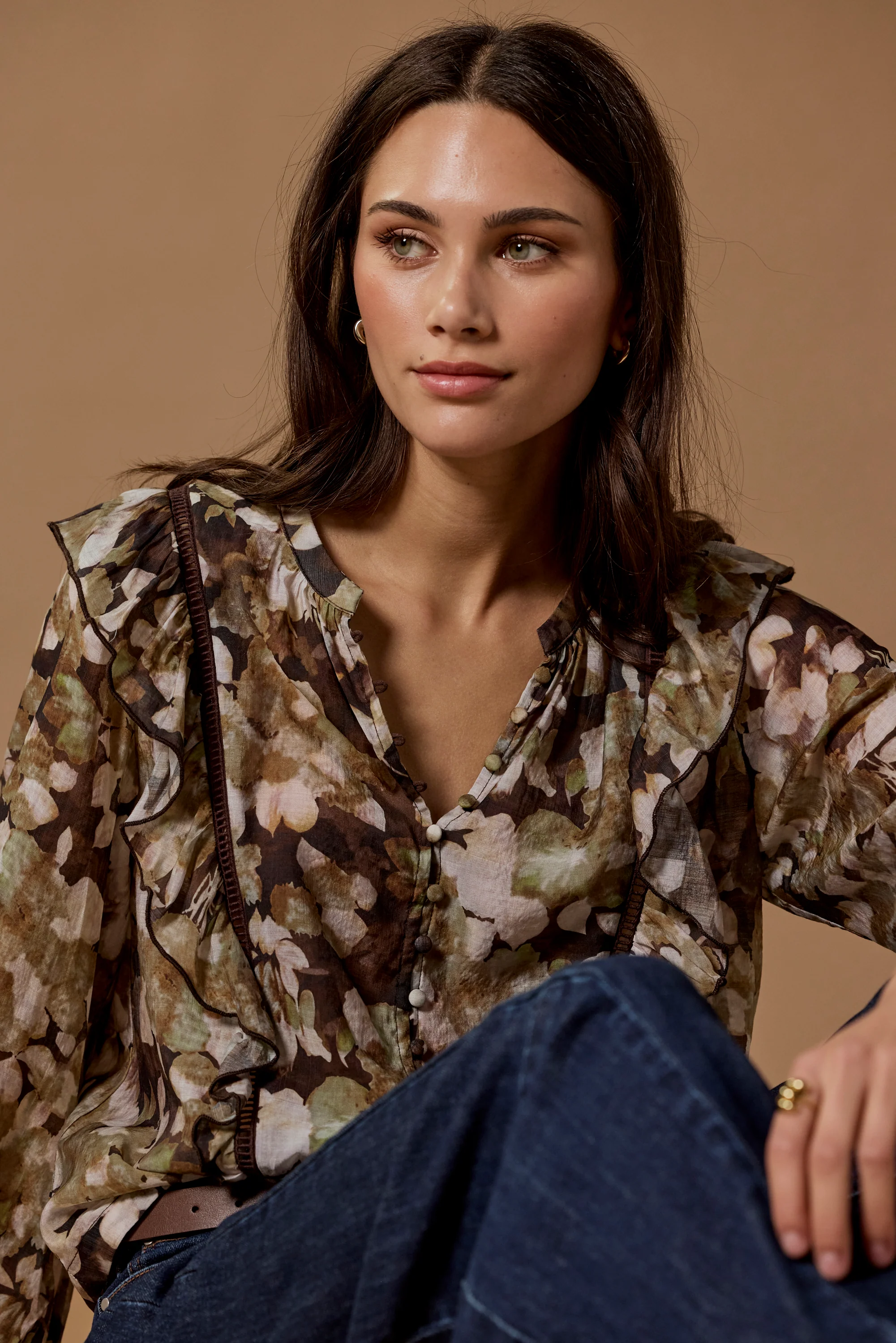 Integrity Brown Beige Floral Frill Detail Long Sleeve Top - Image 4