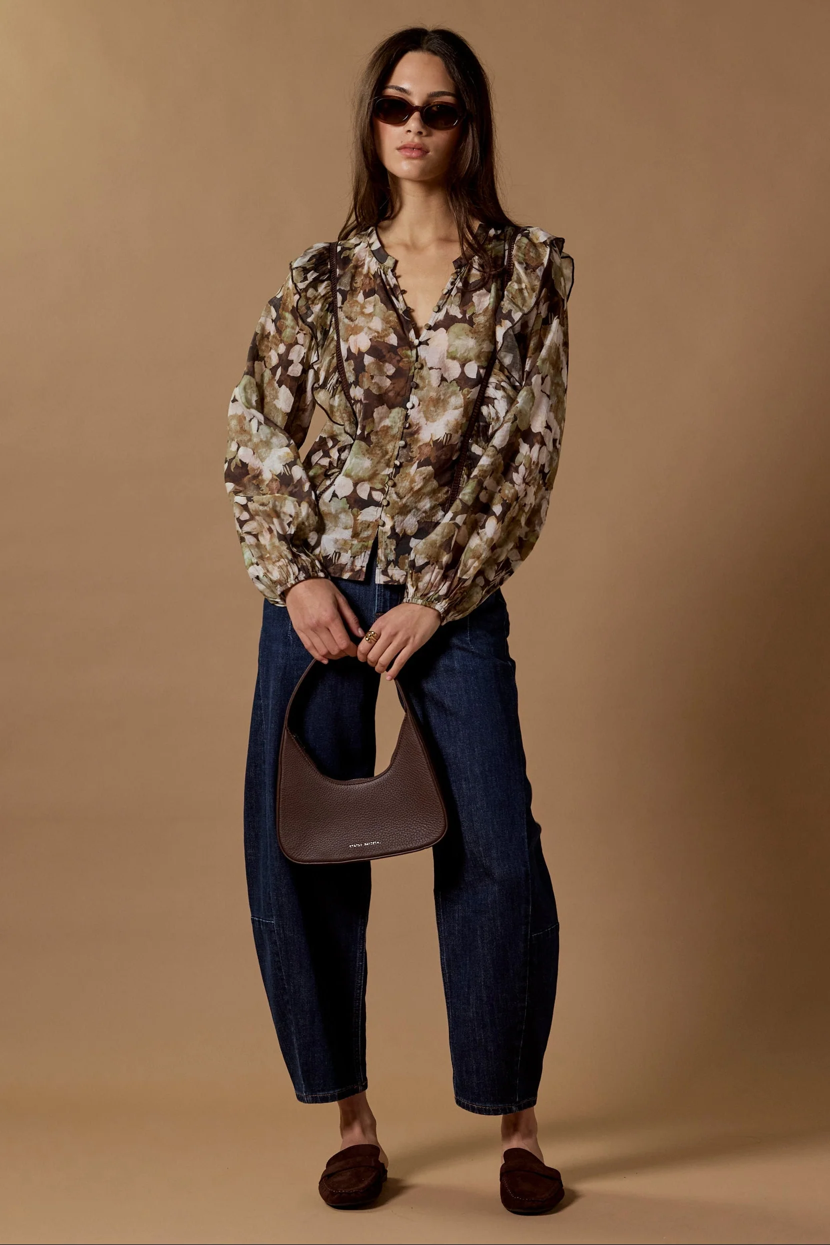 Integrity Brown Beige Floral Frill Detail Long Sleeve Top - Image 5