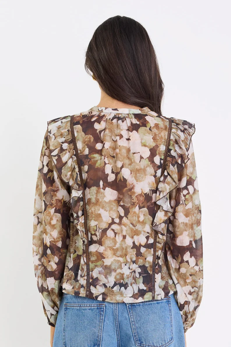 Integrity Brown Beige Floral Frill Detail Long Sleeve Top - Image 6
