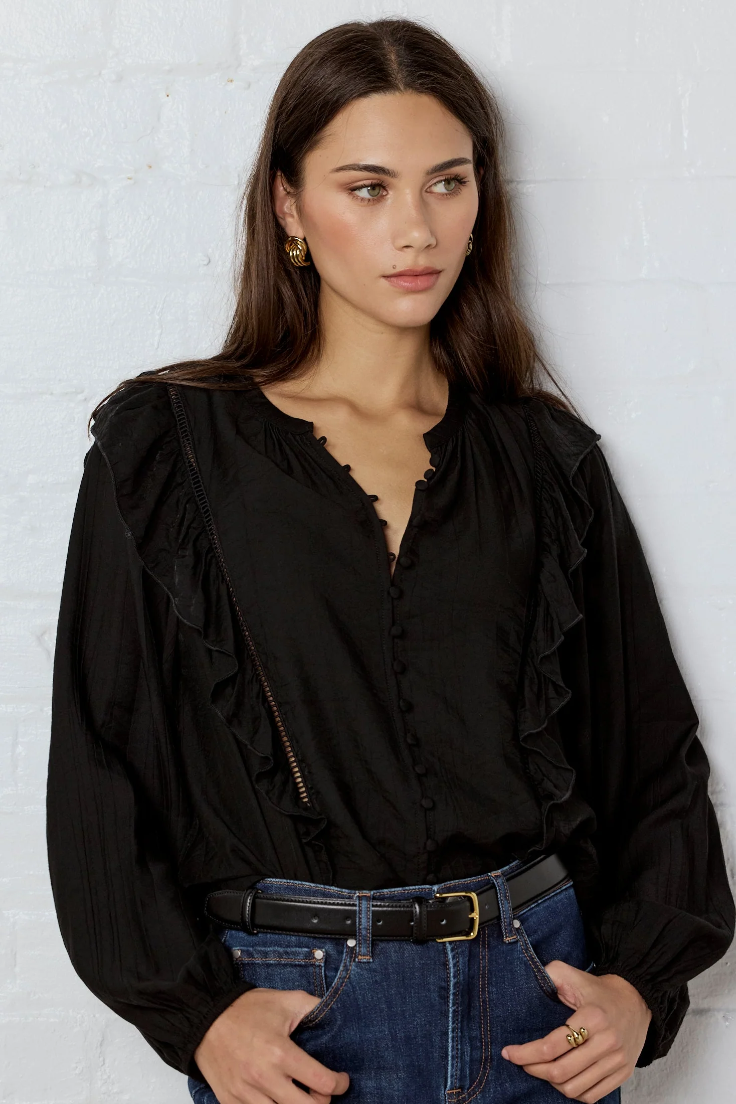 Integrity Black Sheer Frill Detail Long Sleeve Top