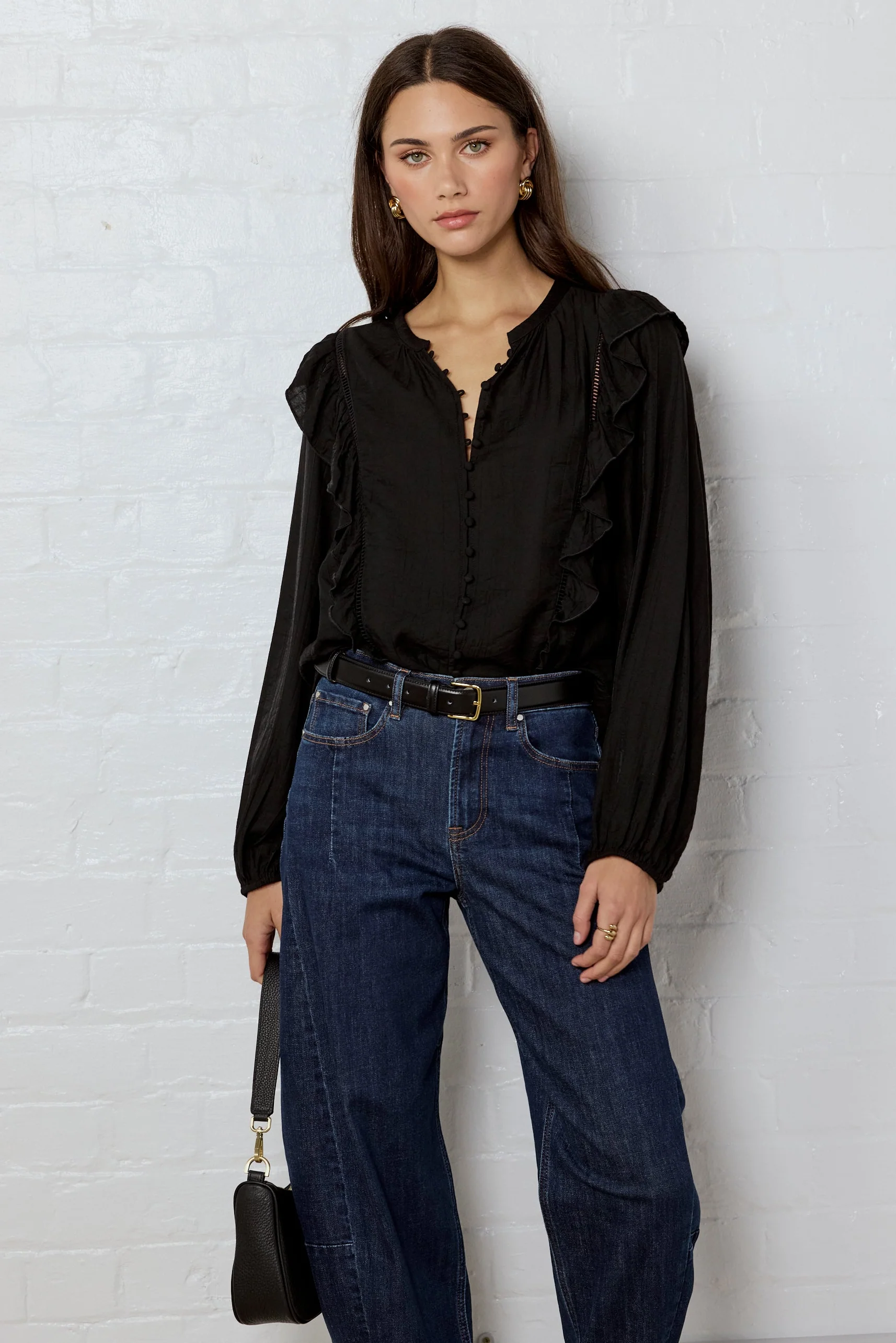 Integrity Black Sheer Frill Detail Long Sleeve Top - Image 3