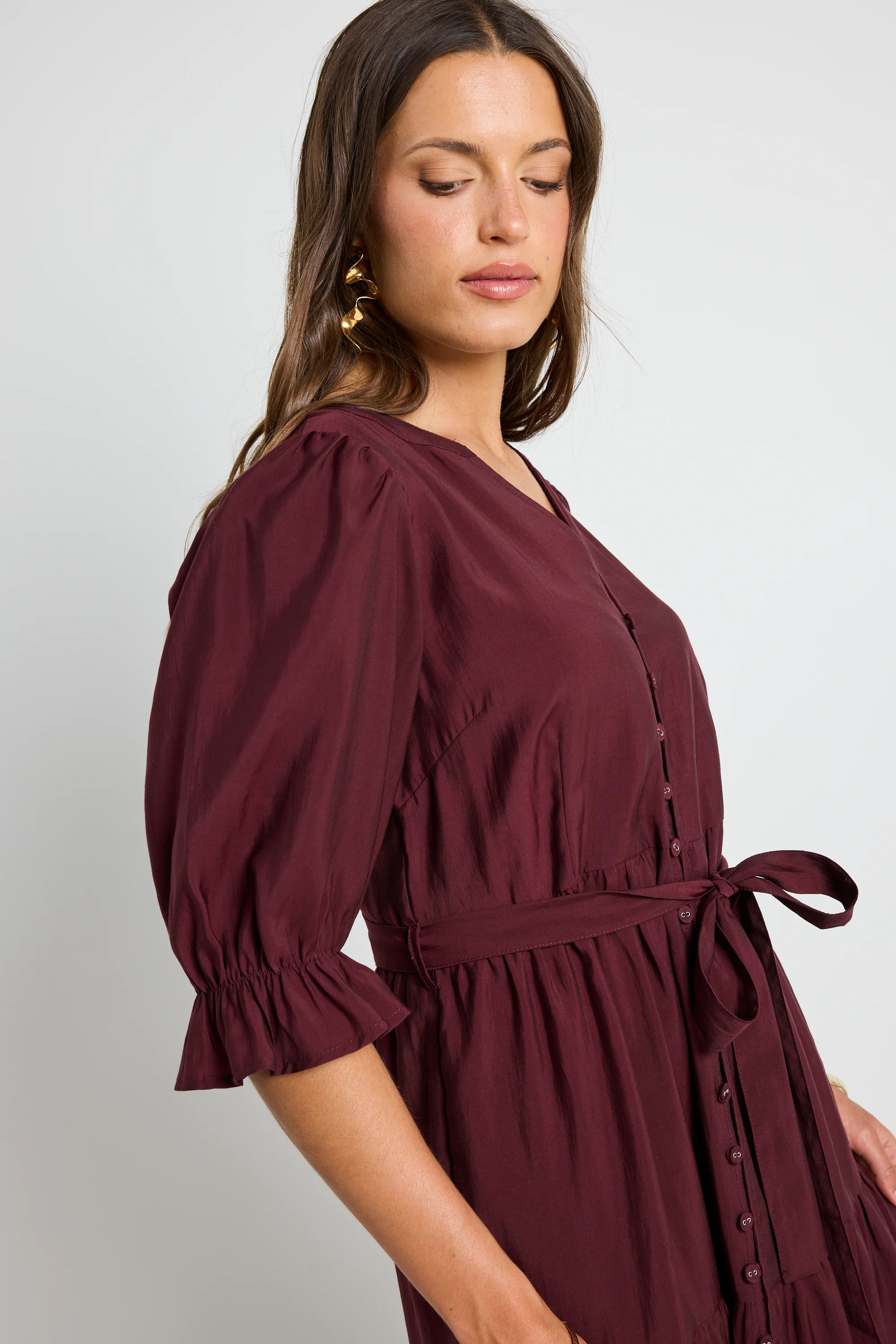 Irresistible Burgundy Plum SS Button Front Tiered Maxi Dress - Image 2