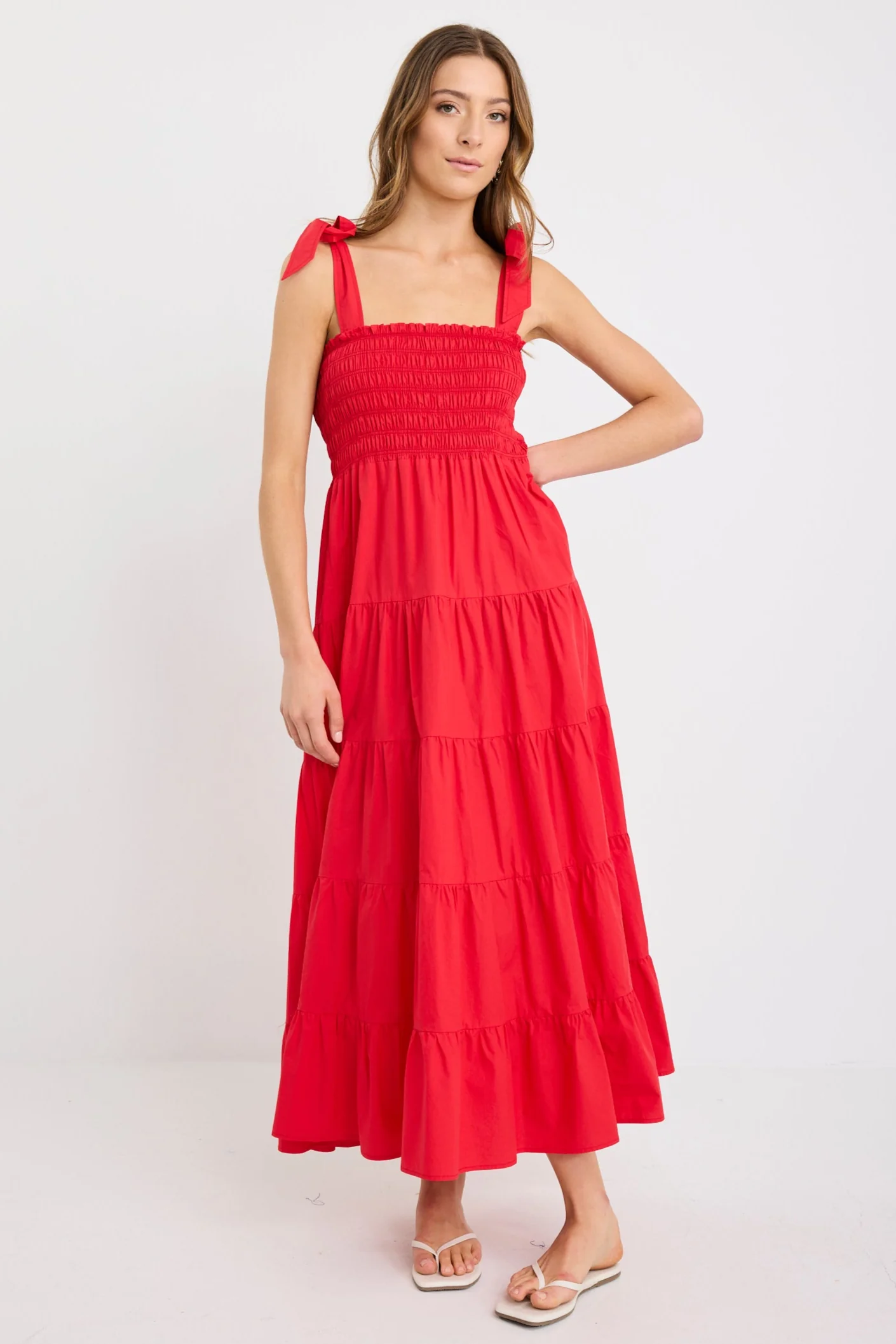 Isabella Cherry Red Cotton Poplin Strappy Tiered Maxi Dress - Image 3