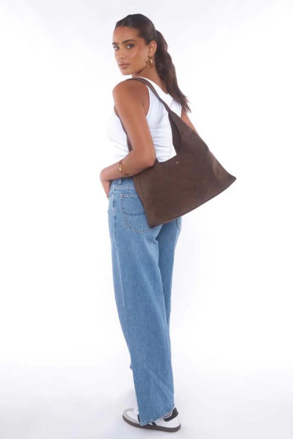 Jami Chocolate Faux Suede Slouch Shoulder Bag - Image 3