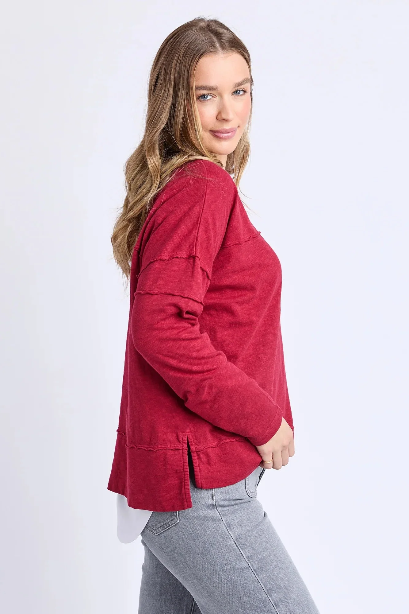 Jayne Rhubarb Red Front Seam Throw On LS Top - Image 2
