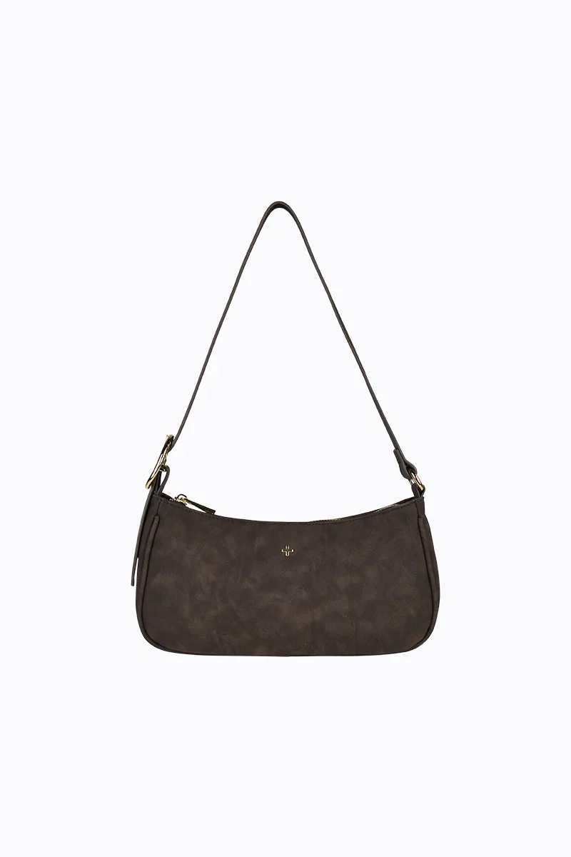 Jesabel Chocolate Faux Suede Gold Hardware Shoulder Bag