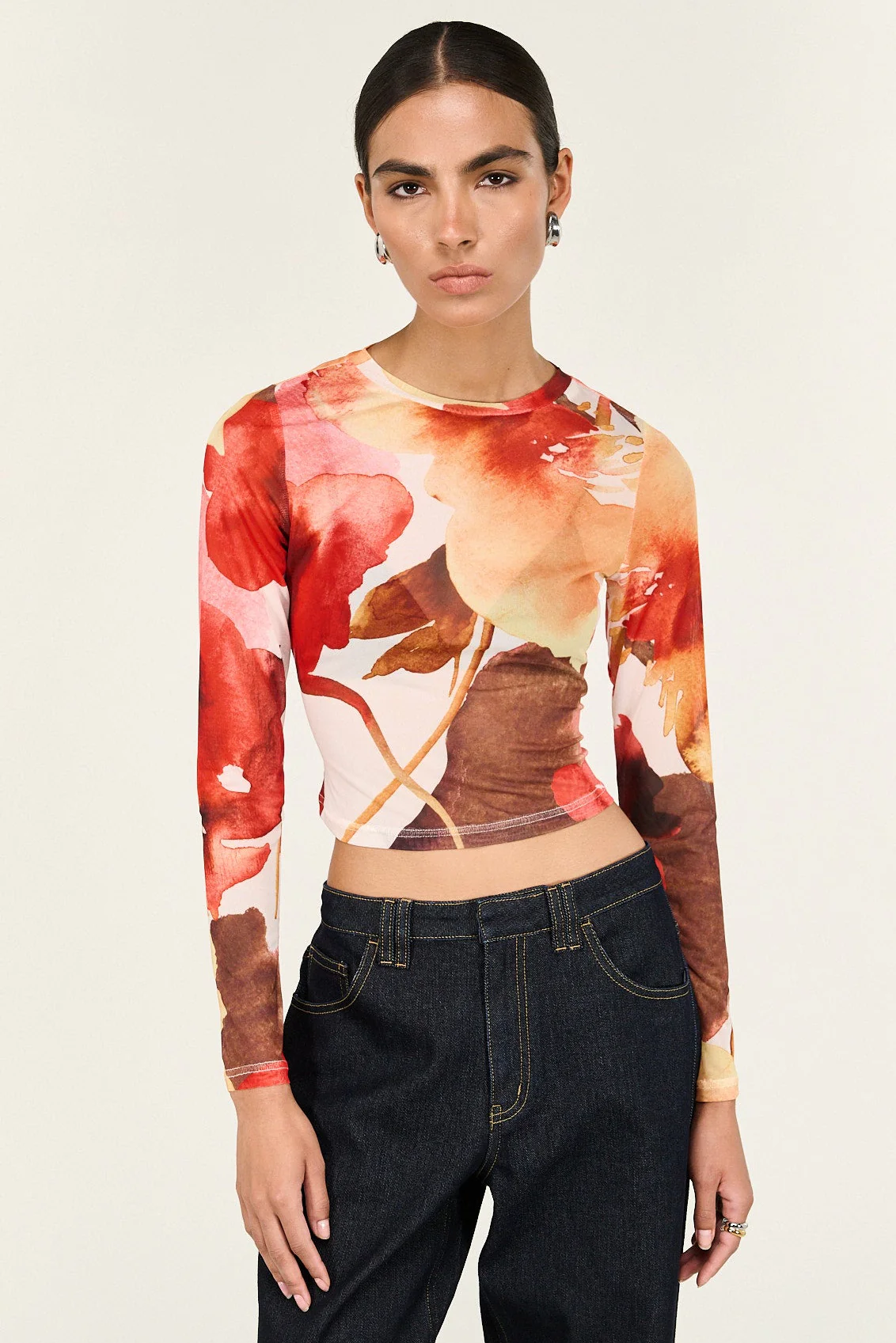 Kaia Red Abstract Floral Mesh LS Top