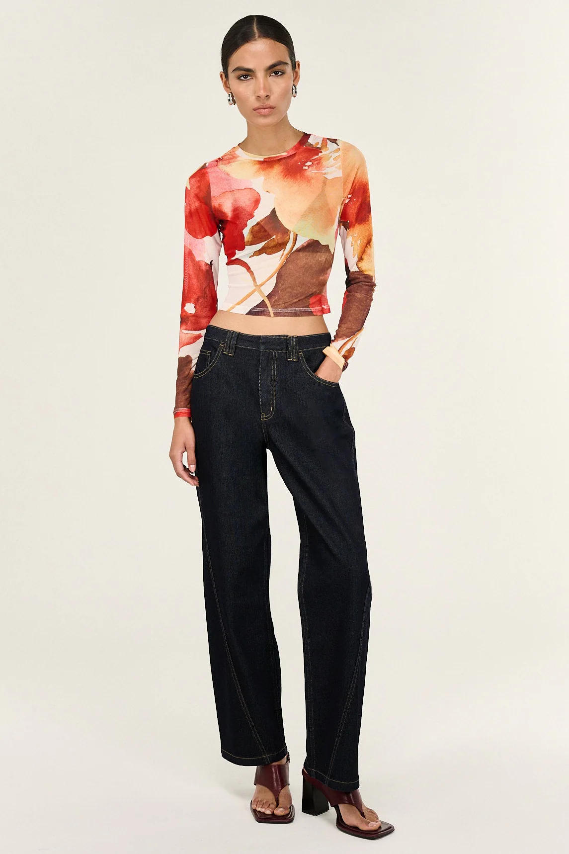 Kaia Red Abstract Floral Mesh LS Top - Image 2
