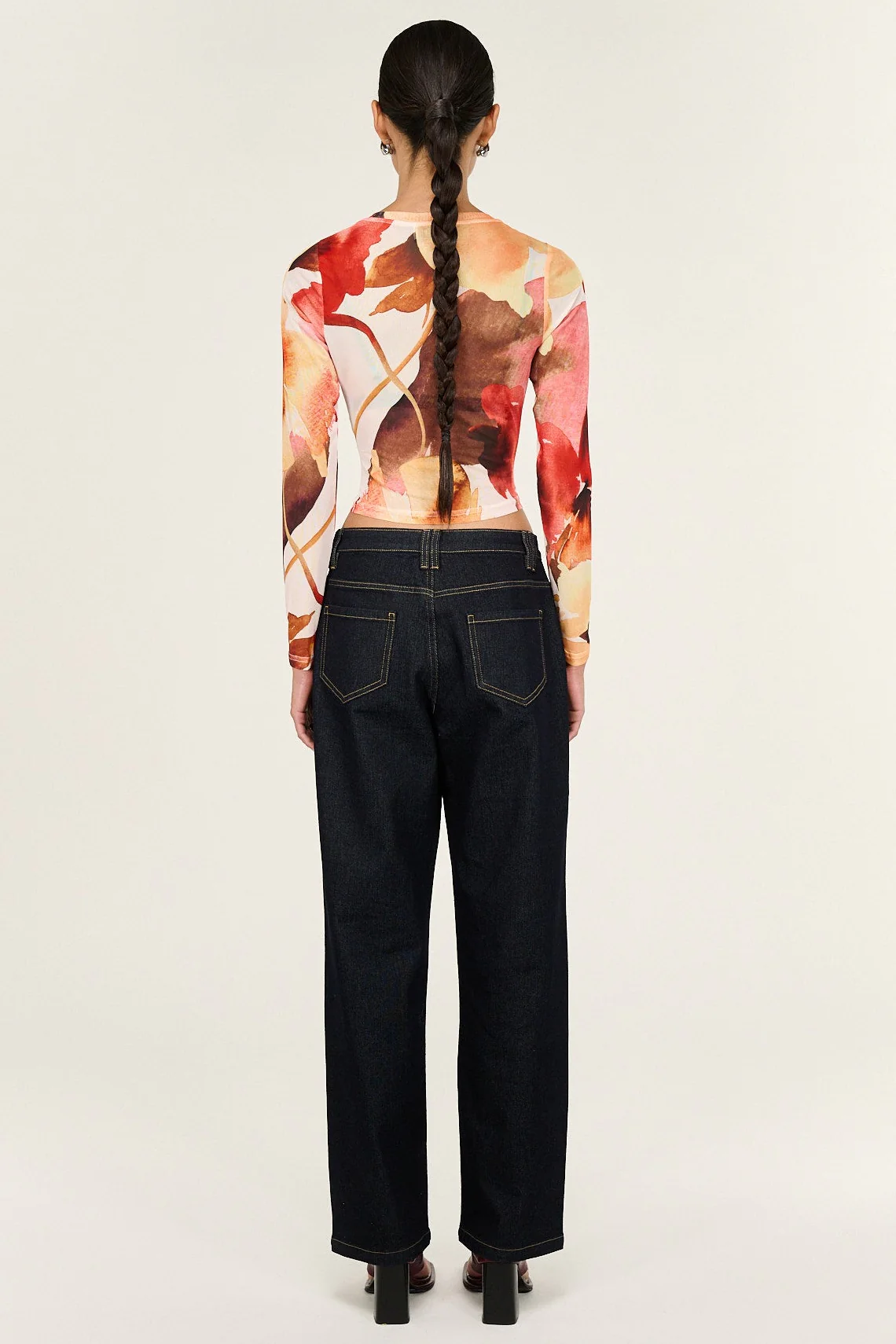 Kaia Red Abstract Floral Mesh LS Top - Image 3