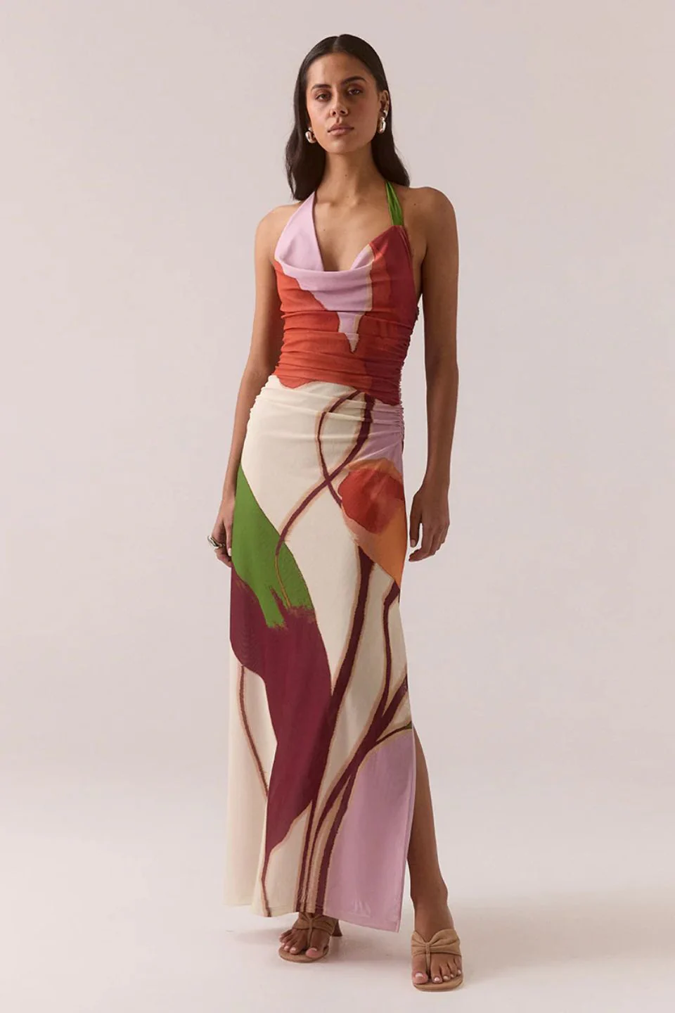 Kalea Multi Botanic Cowl Neck Mesh Halter Maxi Dress