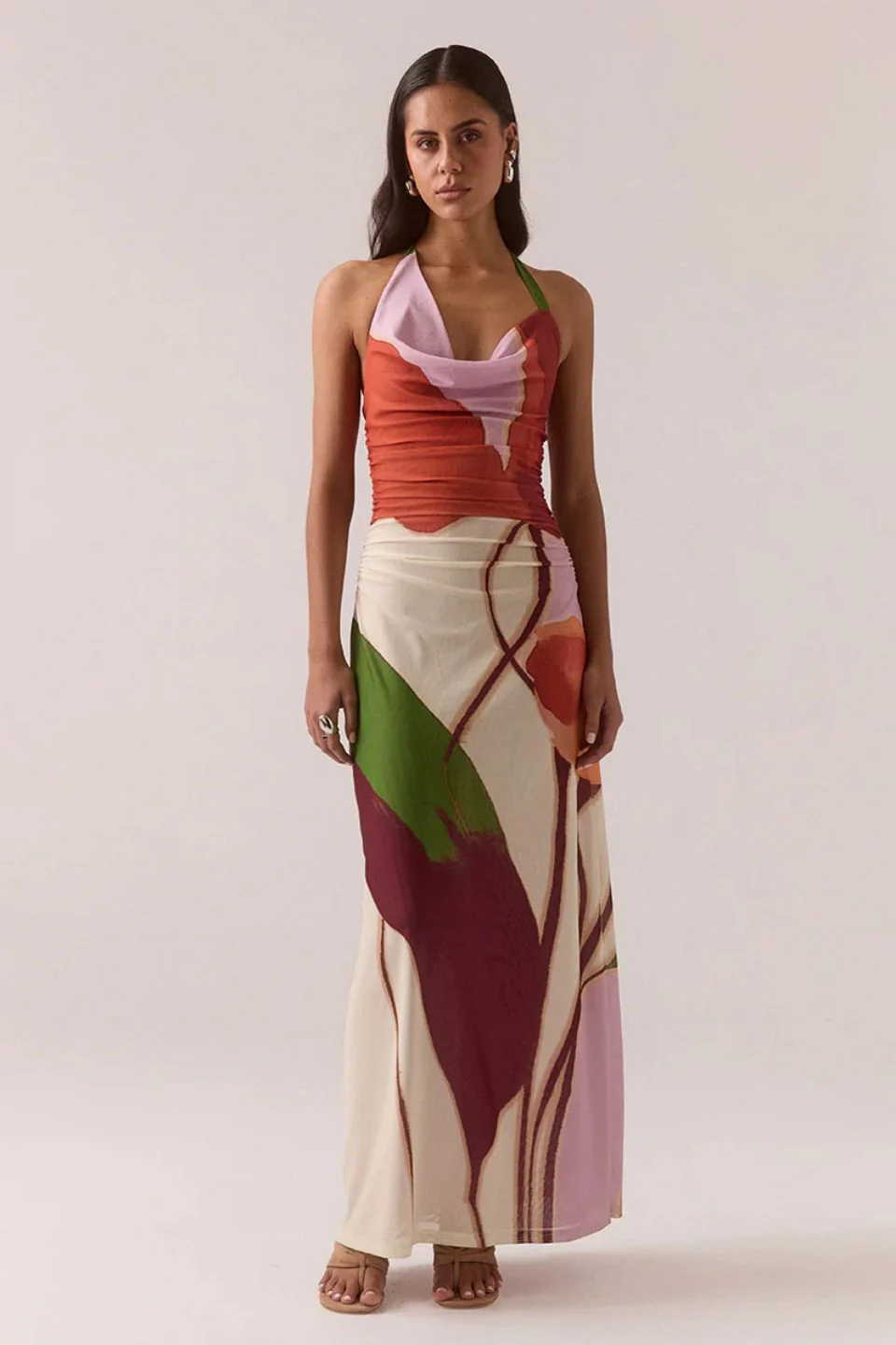 Kalea Multi Botanic Cowl Neck Mesh Halter Maxi Dress - Image 2