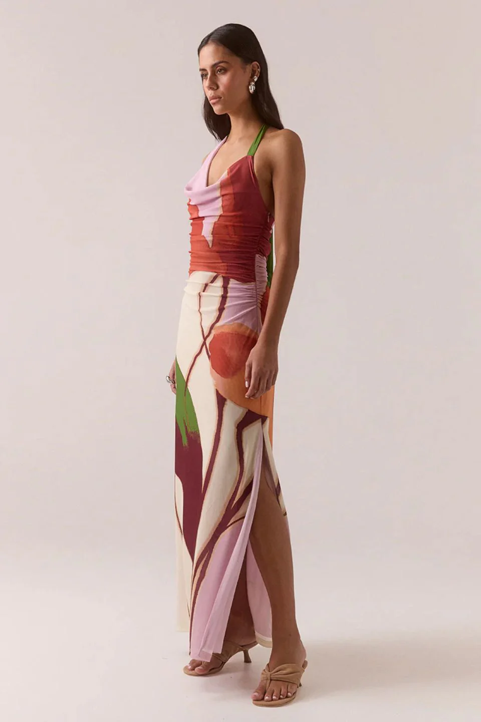 Kalea Multi Botanic Cowl Neck Mesh Halter Maxi Dress - Image 3