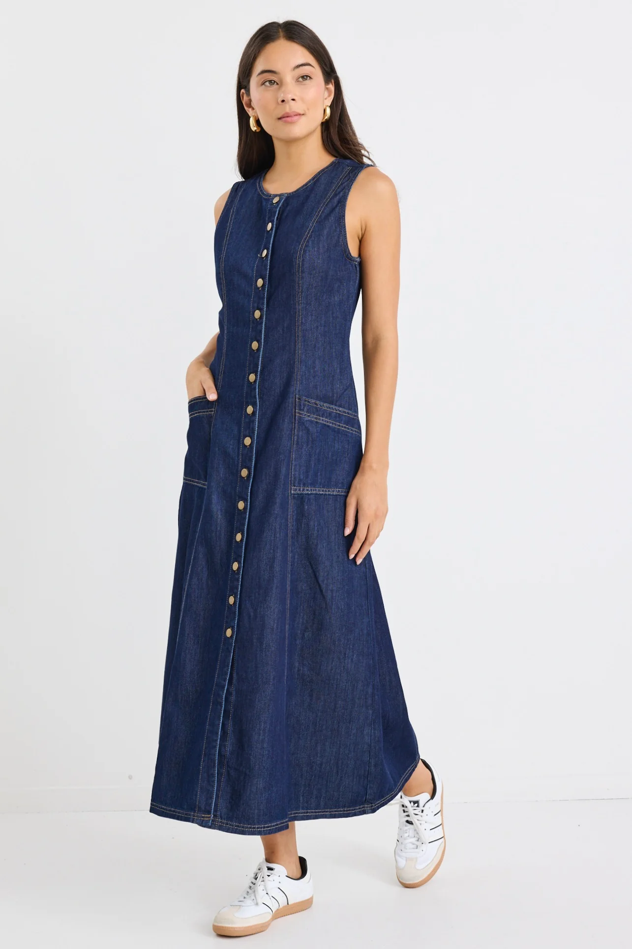 Laneway Indigo Denim Midi Vest Dress
