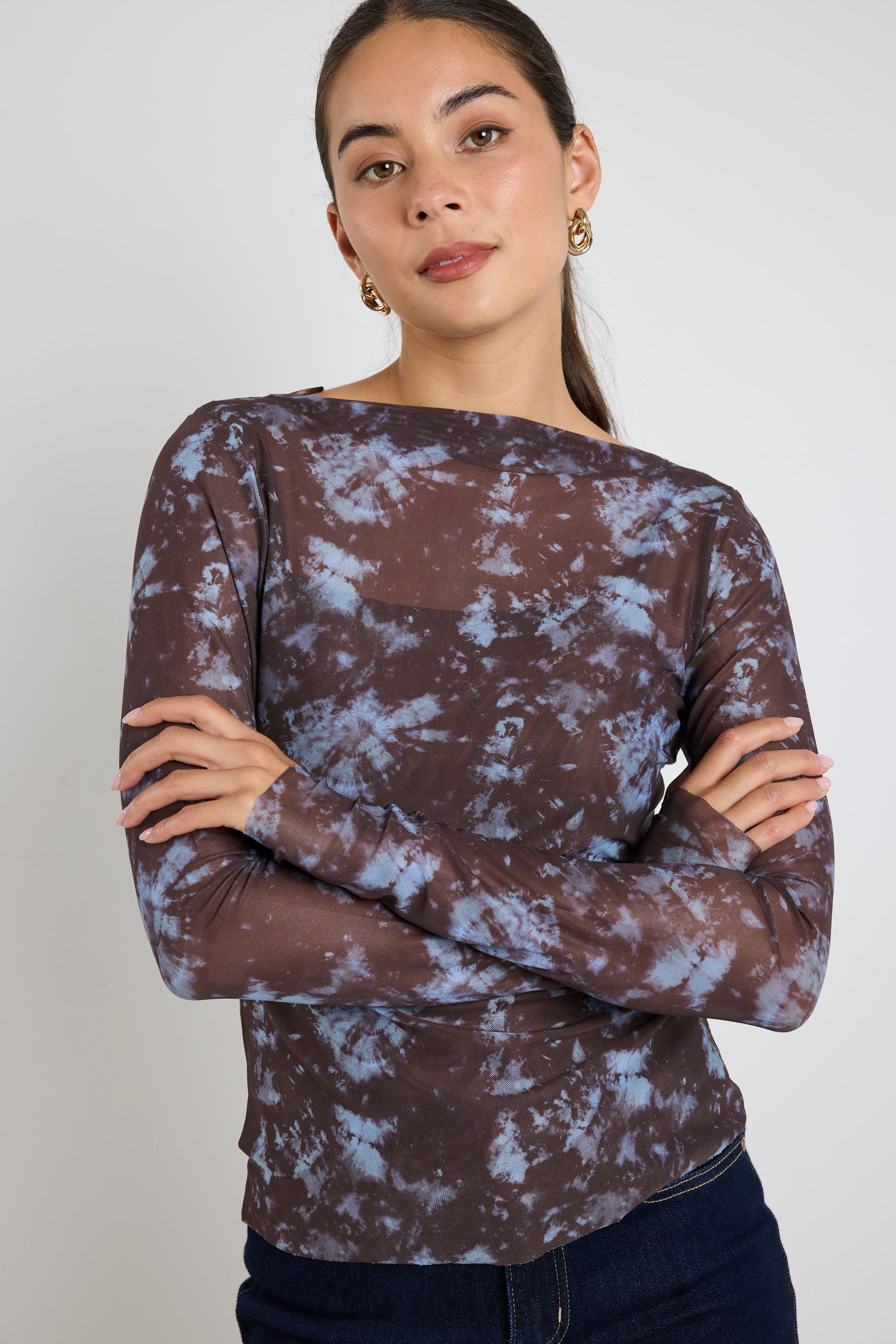 Light Chocolate Tie Dye Mesh Boatneck Top - Image 2