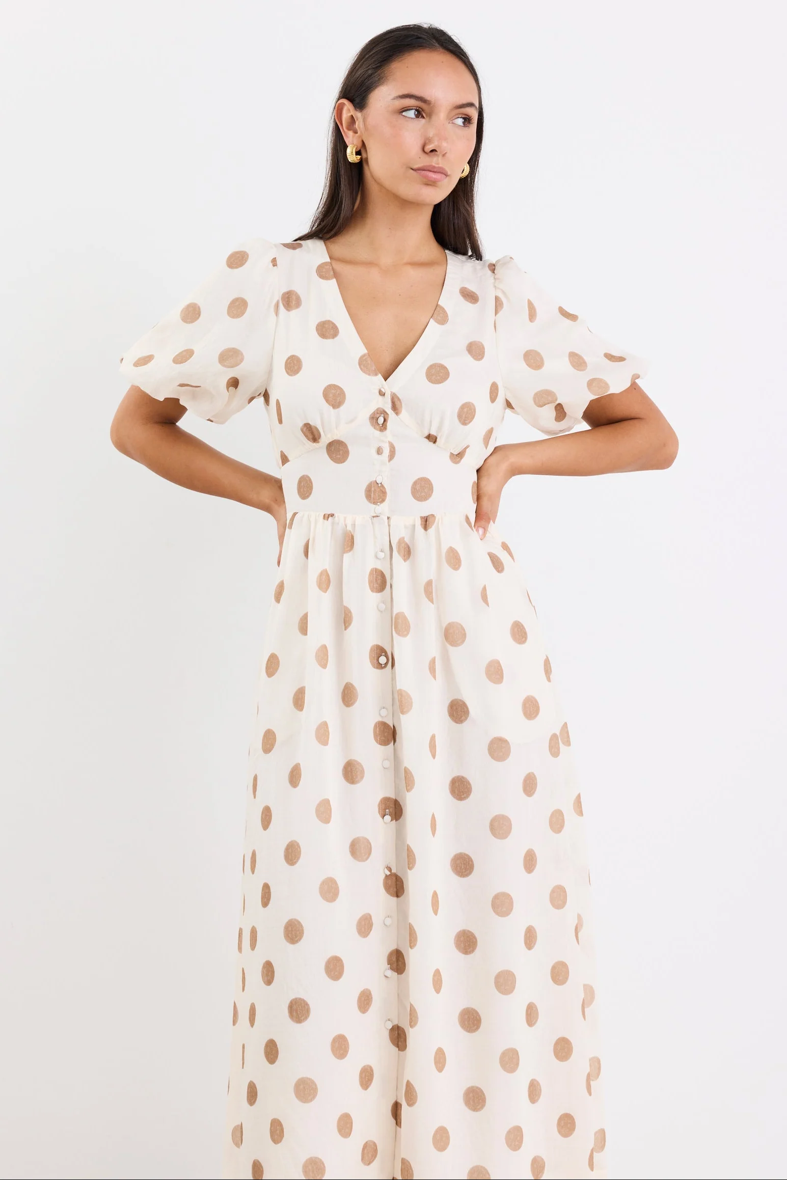 Lisbon Copper Polka Dot Puff Sleeve Midi Dress - Image 2