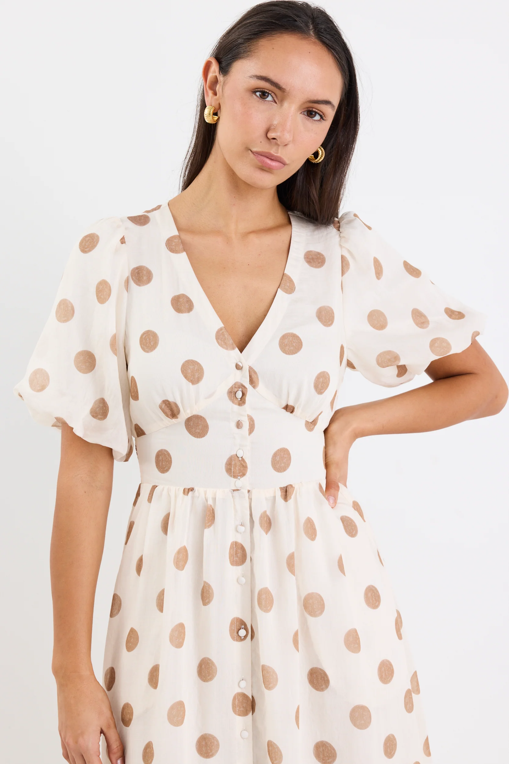 Lisbon Copper Polka Dot Puff Sleeve Midi Dress - Image 3