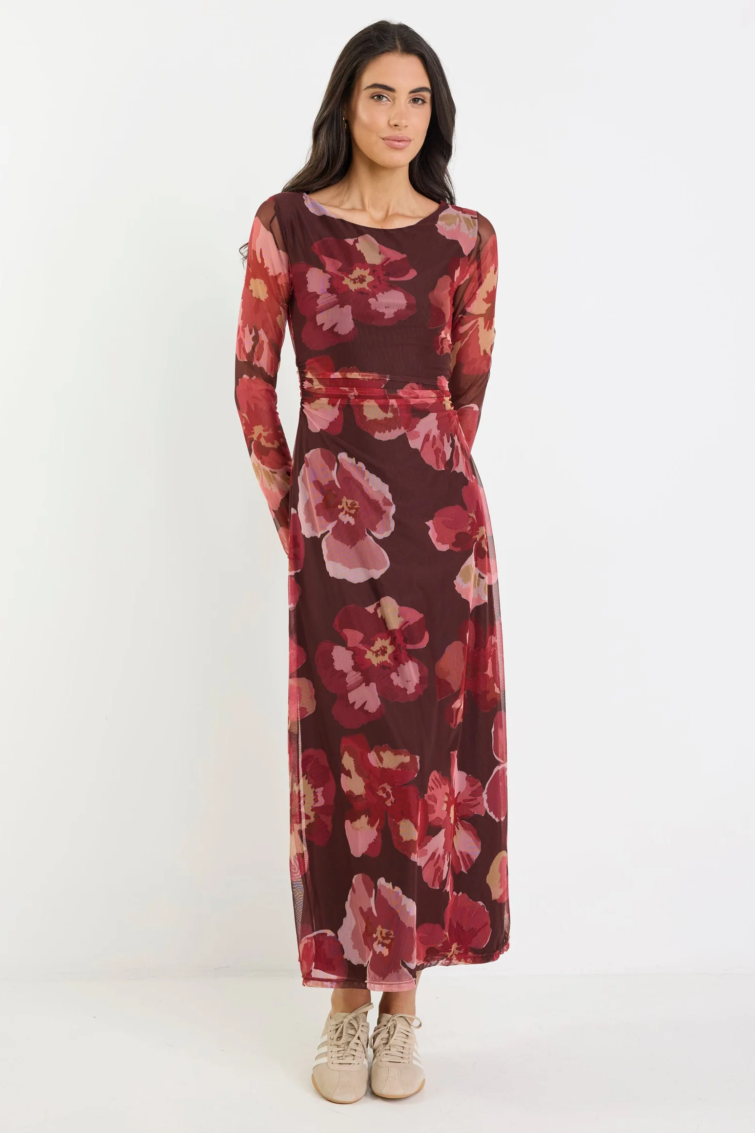 Location Chocolate Red Floral Mesh Boatneck Maxi Dress - Image 2