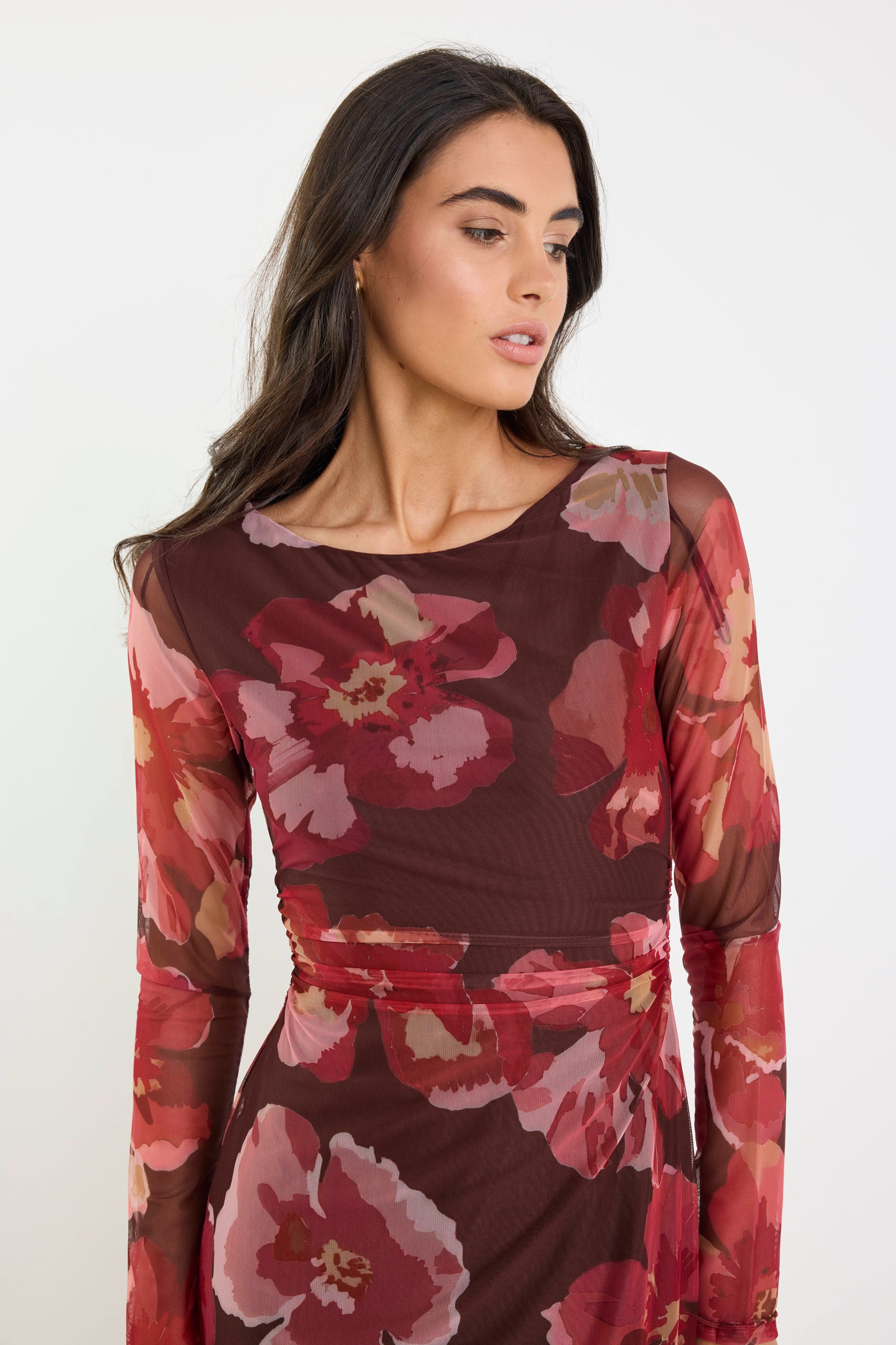 Location Chocolate Red Floral Mesh Boatneck Maxi Dress - Image 3