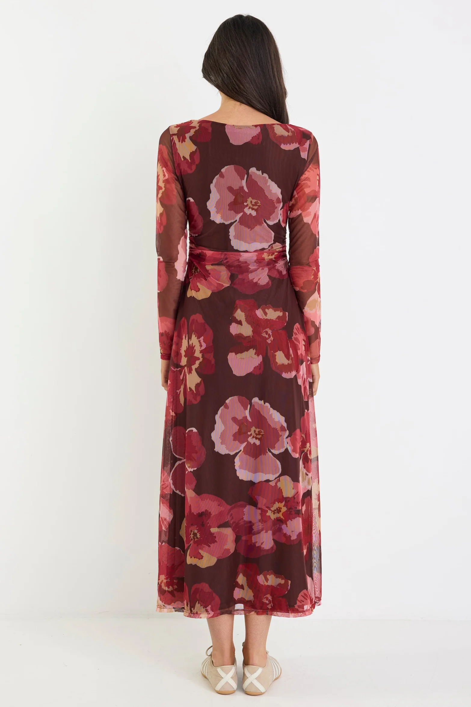Location Chocolate Red Floral Mesh Boatneck Maxi Dress - Image 4