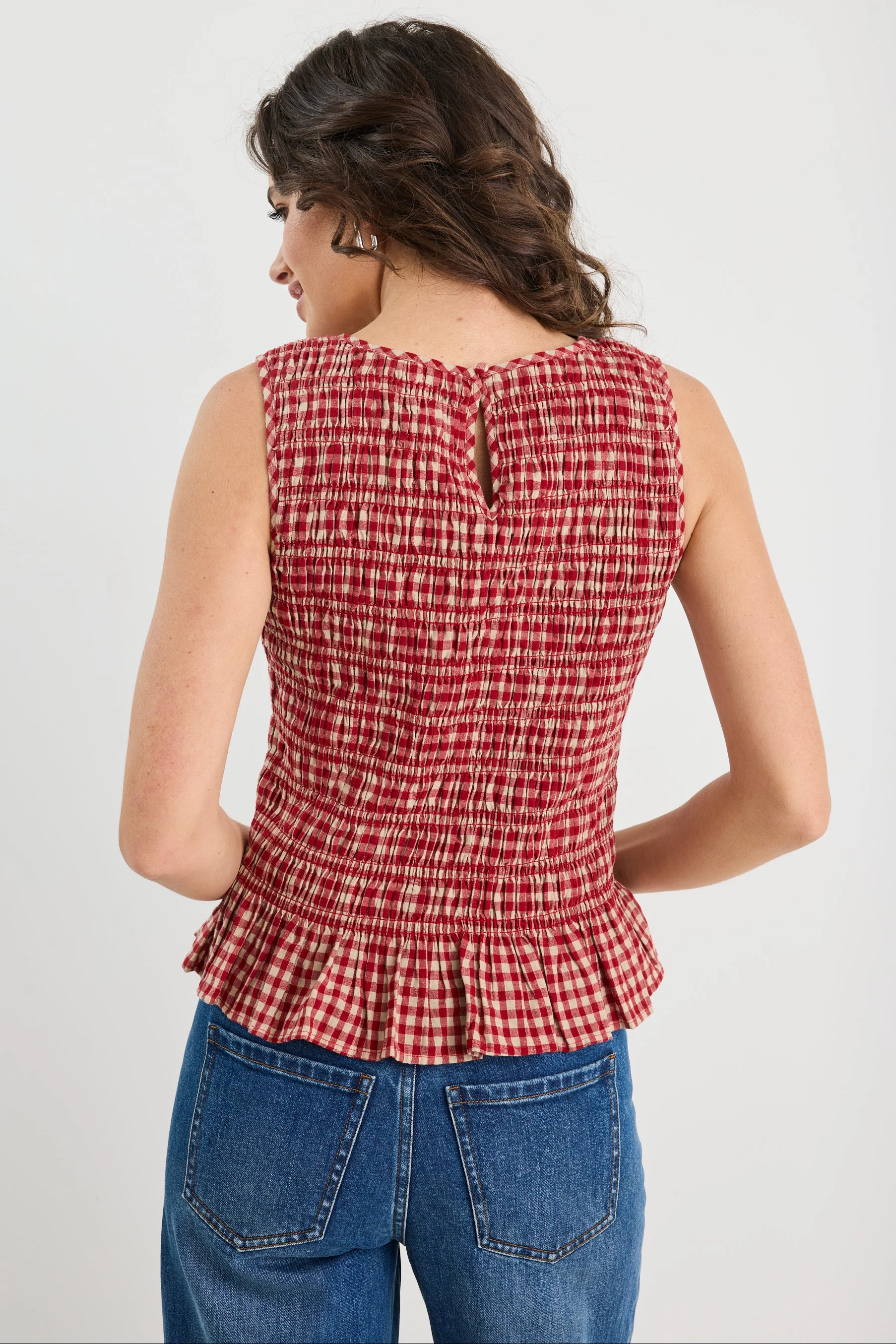 Lonely Red Cream Gingham Shirred Shell Top - Image 4