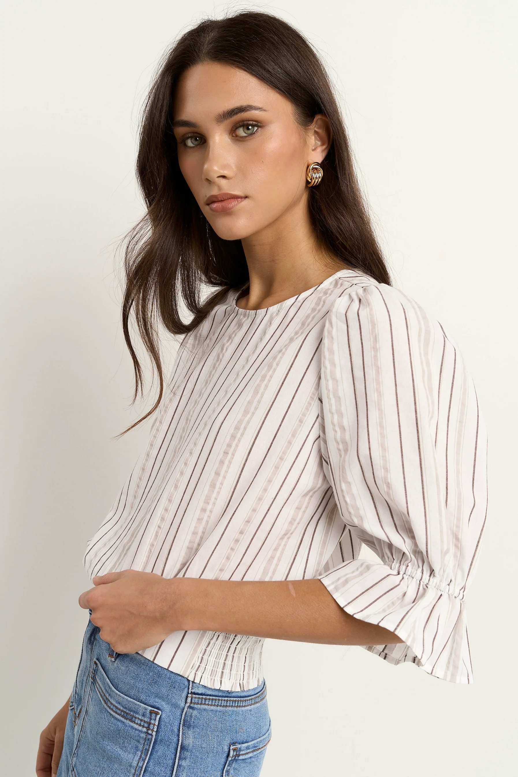 Lovely Chocolate Stripe Shirred Back SS Top - Image 2
