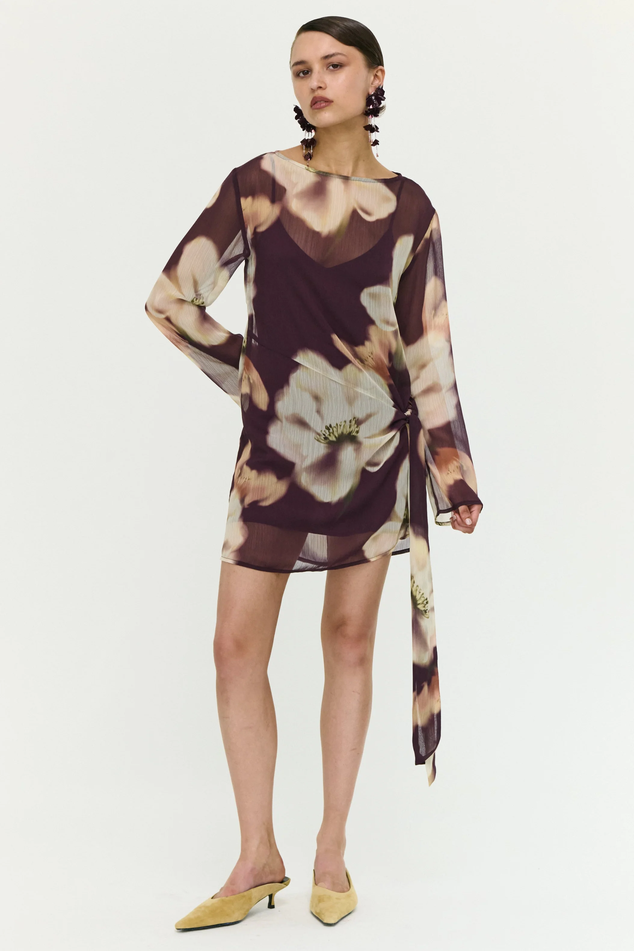 Lula Brown Floral Side Tie Sheer LS Mini Dress