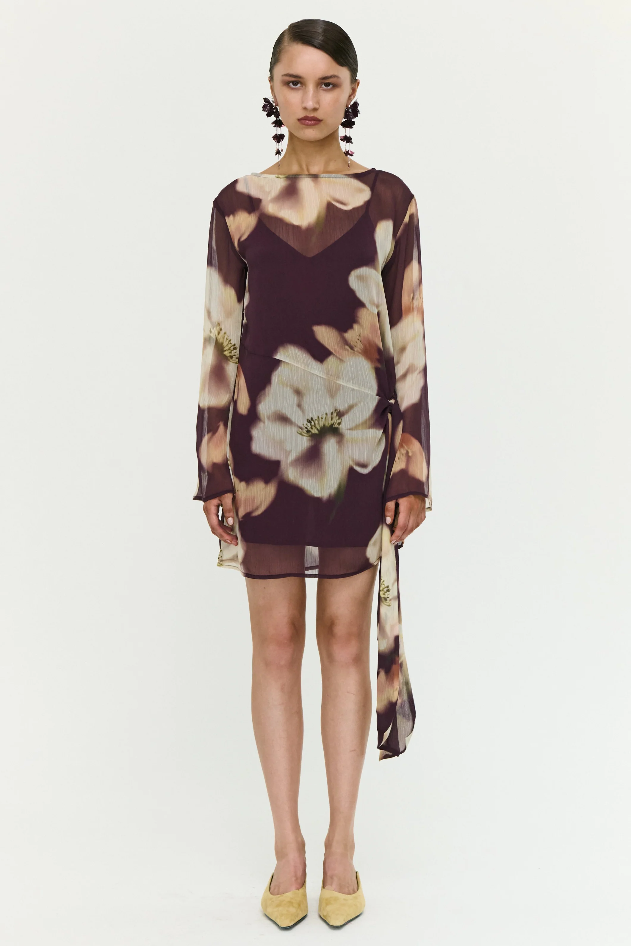 Lula Brown Floral Side Tie Sheer LS Mini Dress - Image 2