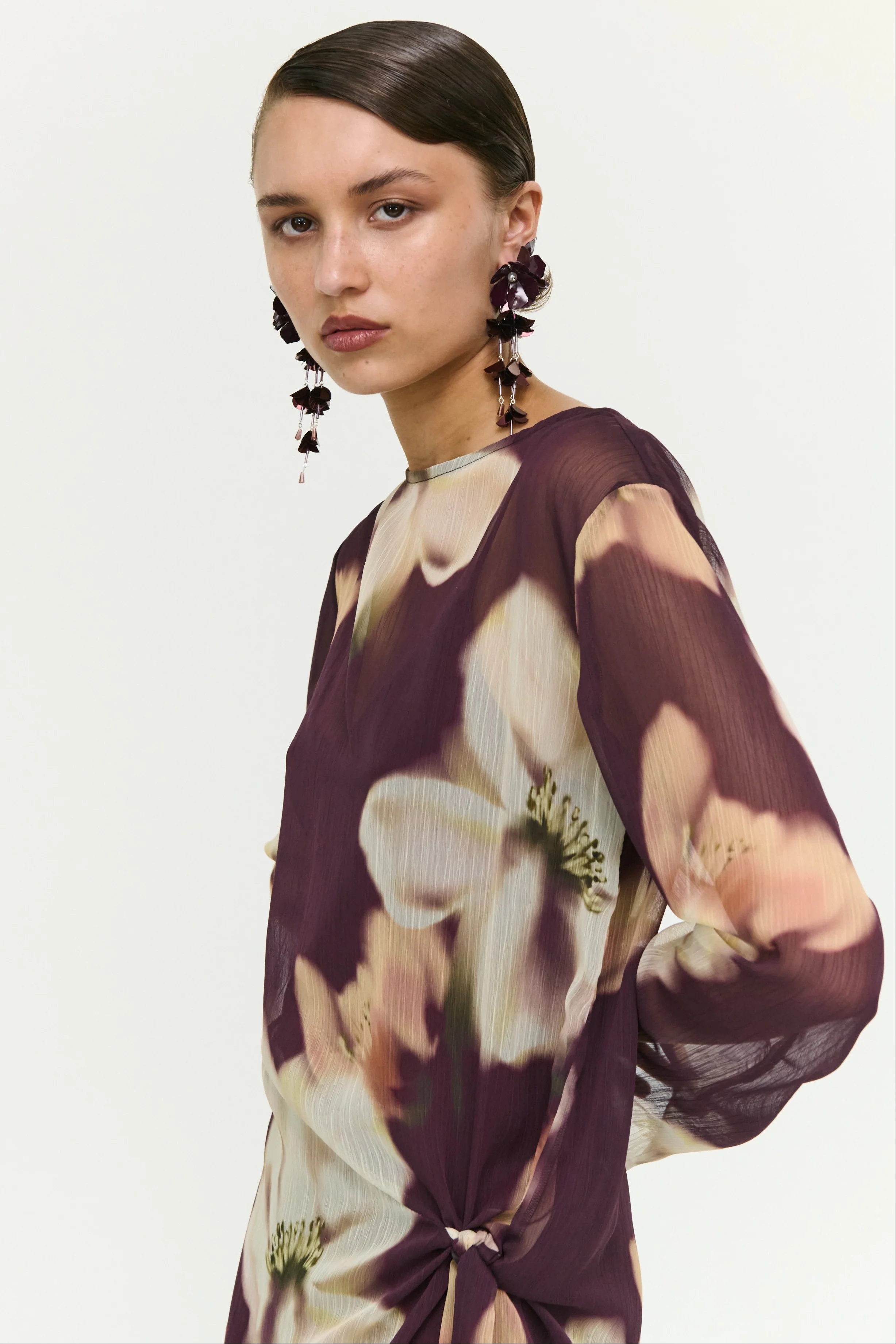 Lula Brown Floral Side Tie Sheer LS Mini Dress - Image 3