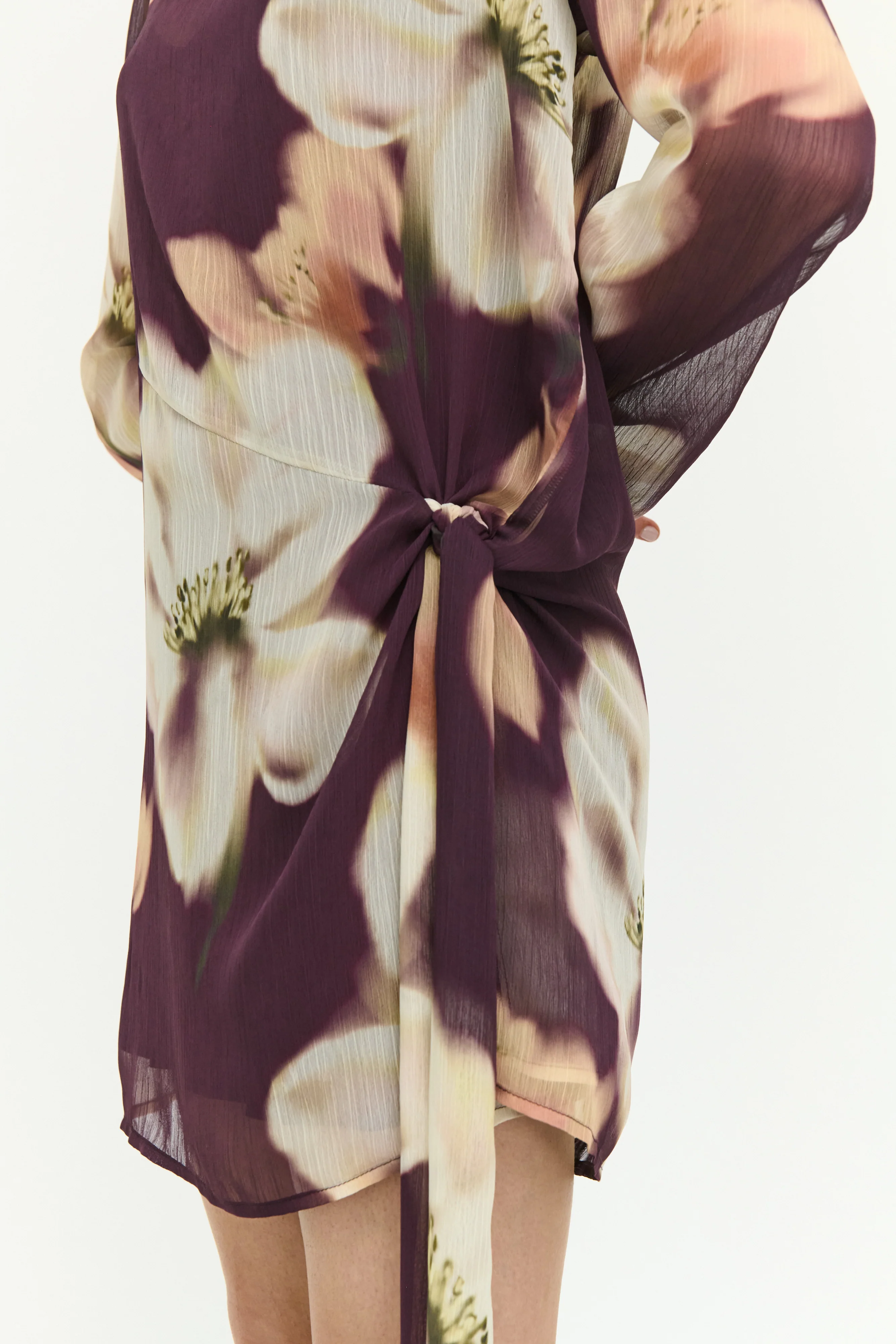 Lula Brown Floral Side Tie Sheer LS Mini Dress - Image 4